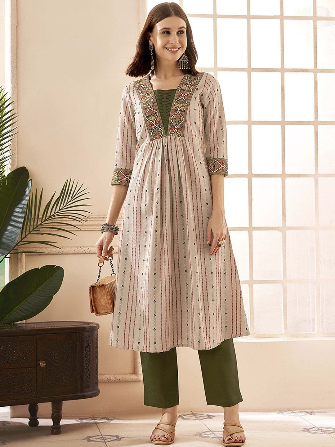 Anouk Rustic Women Pure Cotton Dobby Weave Handloom Pleated A-Line Kurta with Trouser - view 1