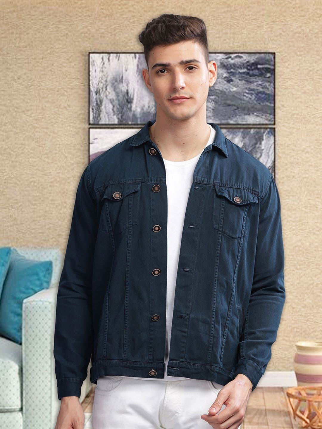 Kuons Avenue Men Solid Washed Patchwork Denim Jacket - view 1