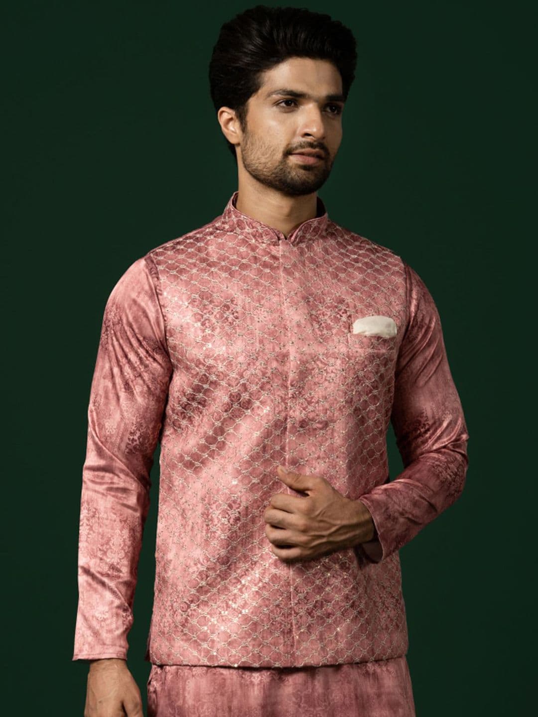 KISAH Woven Design Mandarin Collar Nehru Jackets - view 1