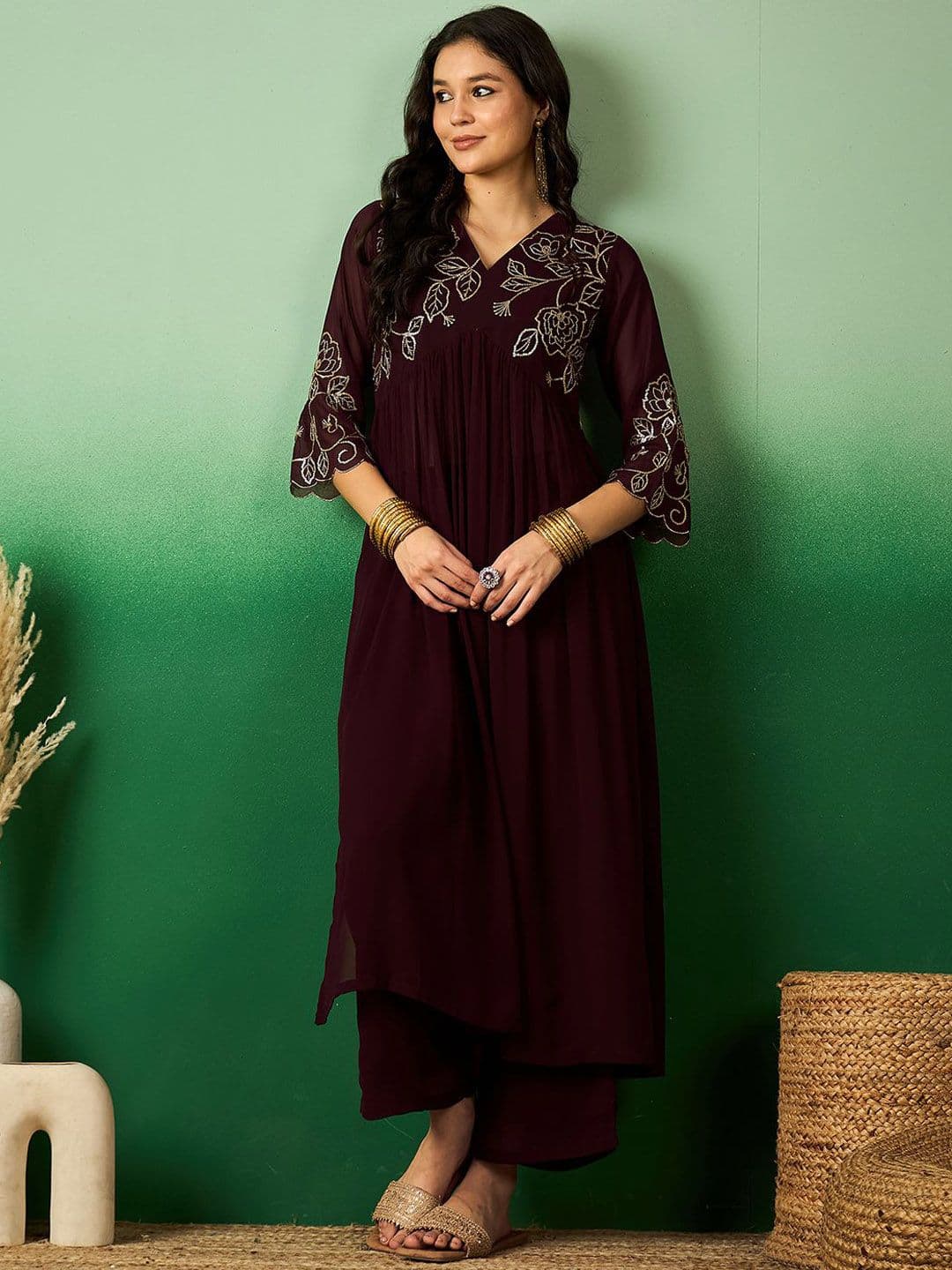 Sangria Brown Floral Embroidered V-Neck A-Line Kurta With Palazzo Set - view 1