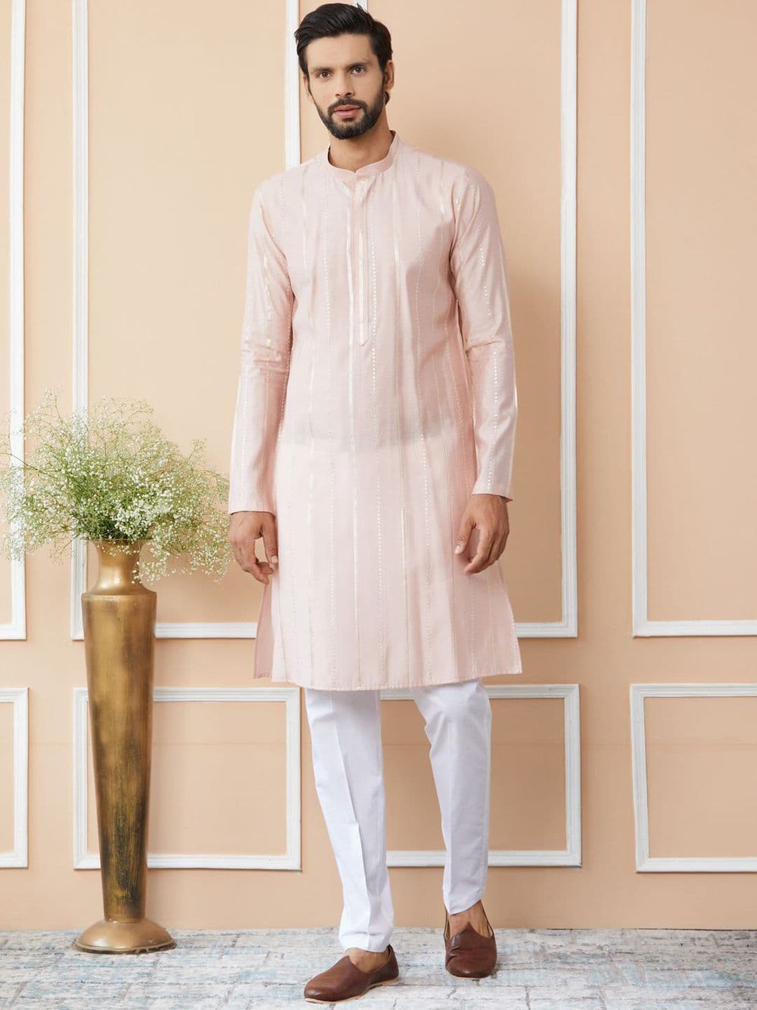 See Designs Mandarin Collar Long Sleeves Thread Work Chanderi Silk Straight Kurta - view 1