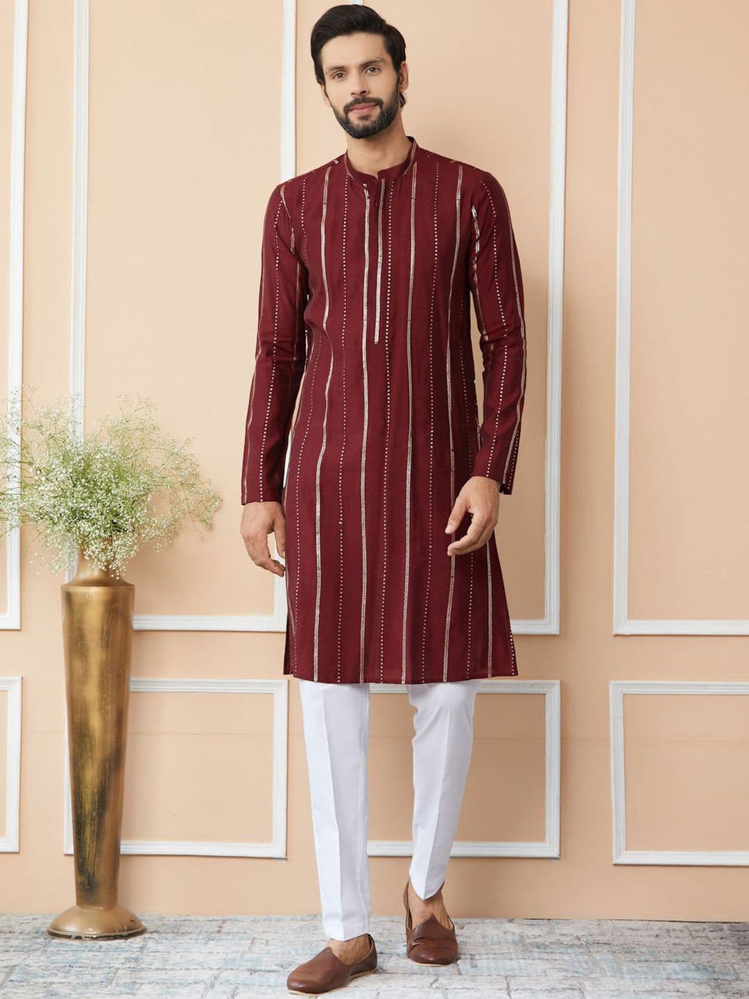 See Designs Striped Mandarin Collar Sequins Chanderi Silk Straight Kurta - view 1