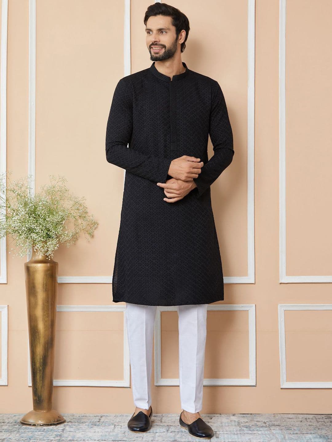 See Designs Mandarin Collar Long Sleeves Striped Woven Design Straight Kurta - view 1