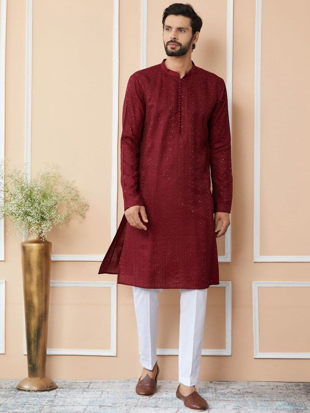 See Designs Mandarin Collar Long Sleeves Thread Work Chanderi Silk Straight Kurta - view 1