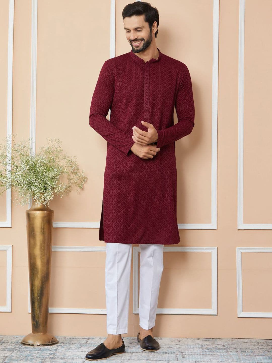 See Designs Ethnic Motifs Mandarin Collar Long Sleeves Pure Cotton Straight Kurta - view 1