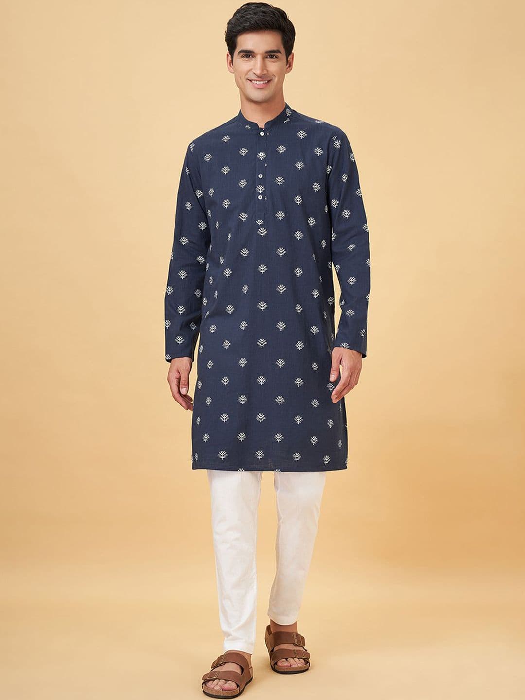 indus route by Pantaloons Geometric Printed Mandarin Collar Pure Cotton Straight Kurta - view 1
