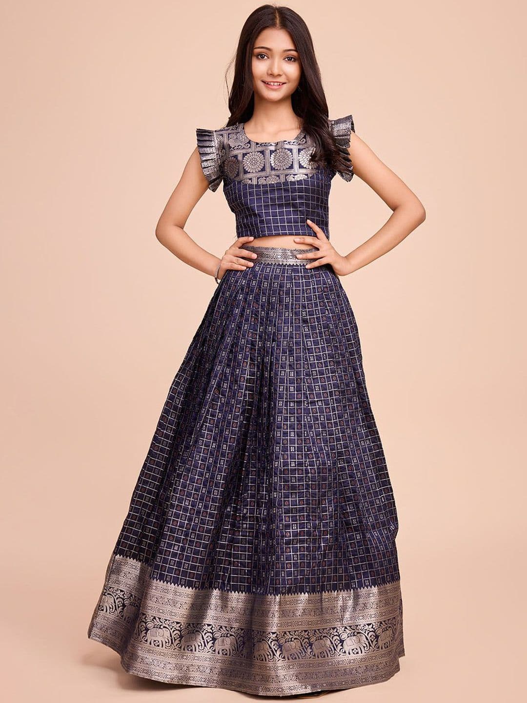 Tasarika Girls Navy Woven-Designed Silk Sleeveless Lehenga With Choli Set - view 1