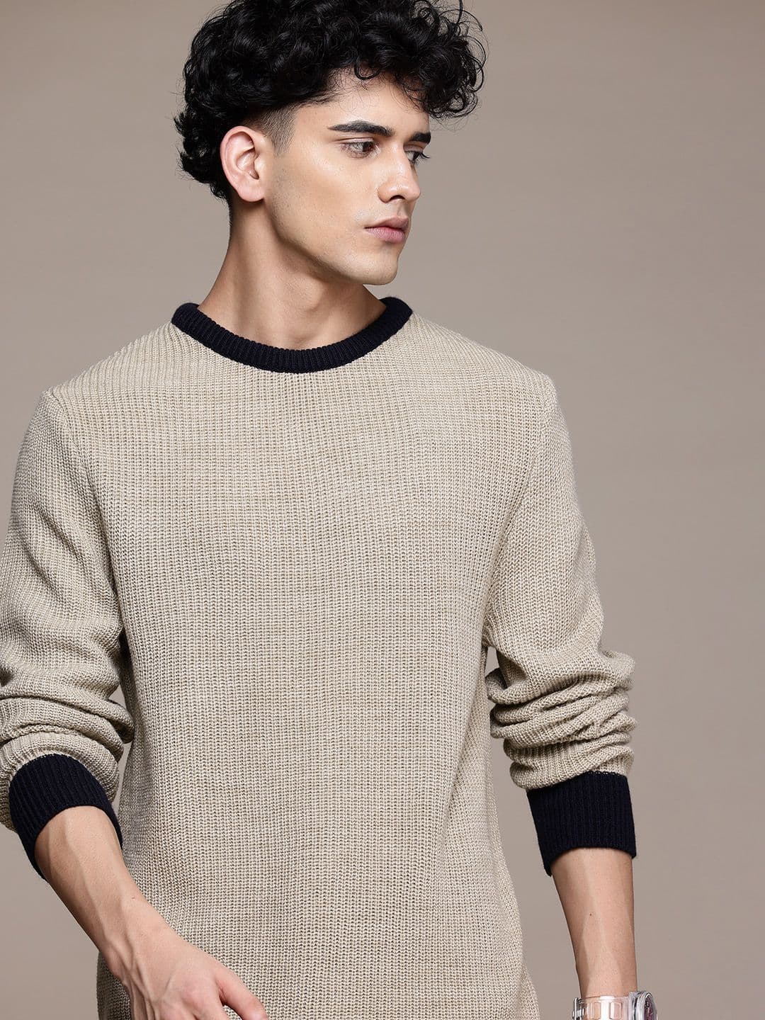 Roadster Men Contrast Ribs Acrylic Fisherman Knit Sweater - view 1