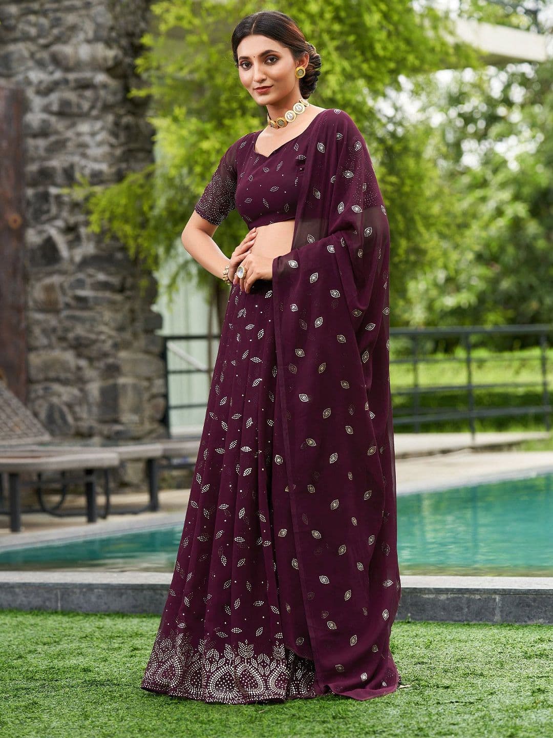KALINI Embellished Beads and Stones Semi-Stitched Lehenga & Unstitched Blouse With Dupatta - view 1