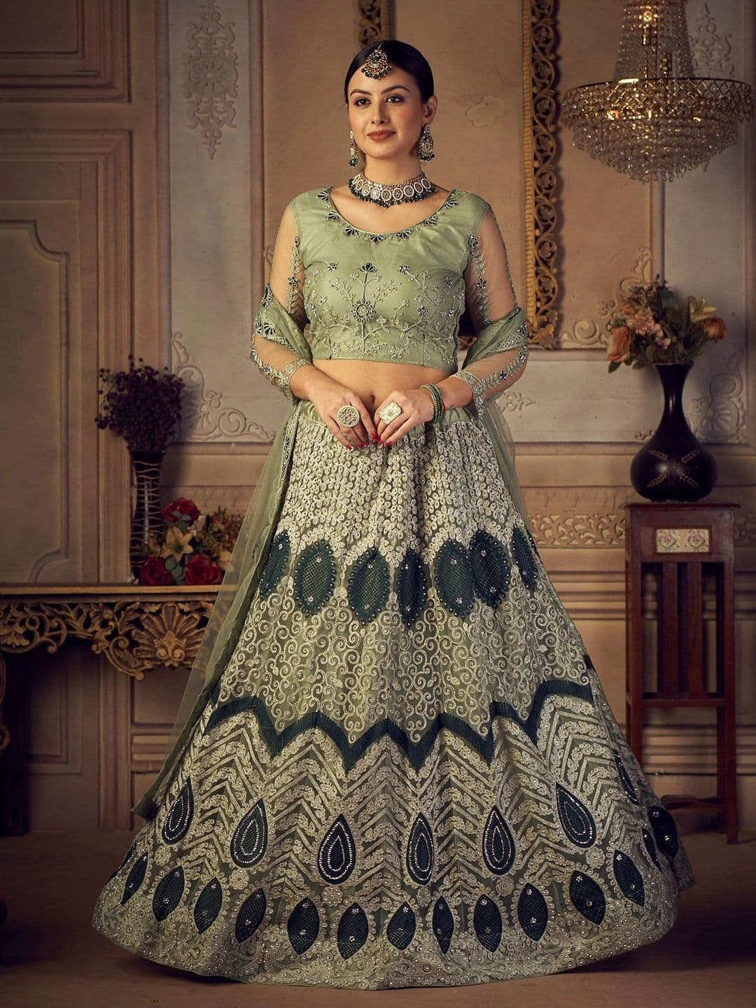 KALINI Embroidered Thread Work Semi-Stitched Lehenga & Unstitched Blouse With Dupatta - view 1
