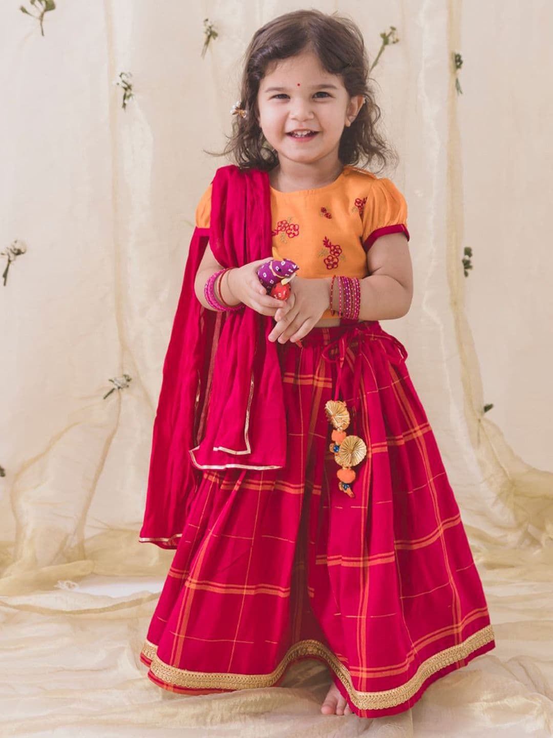 Tiber Taber Girls Pink Embroidered Cotton Ready To Wear Lehenga & Blouse With Dupatta - view 1