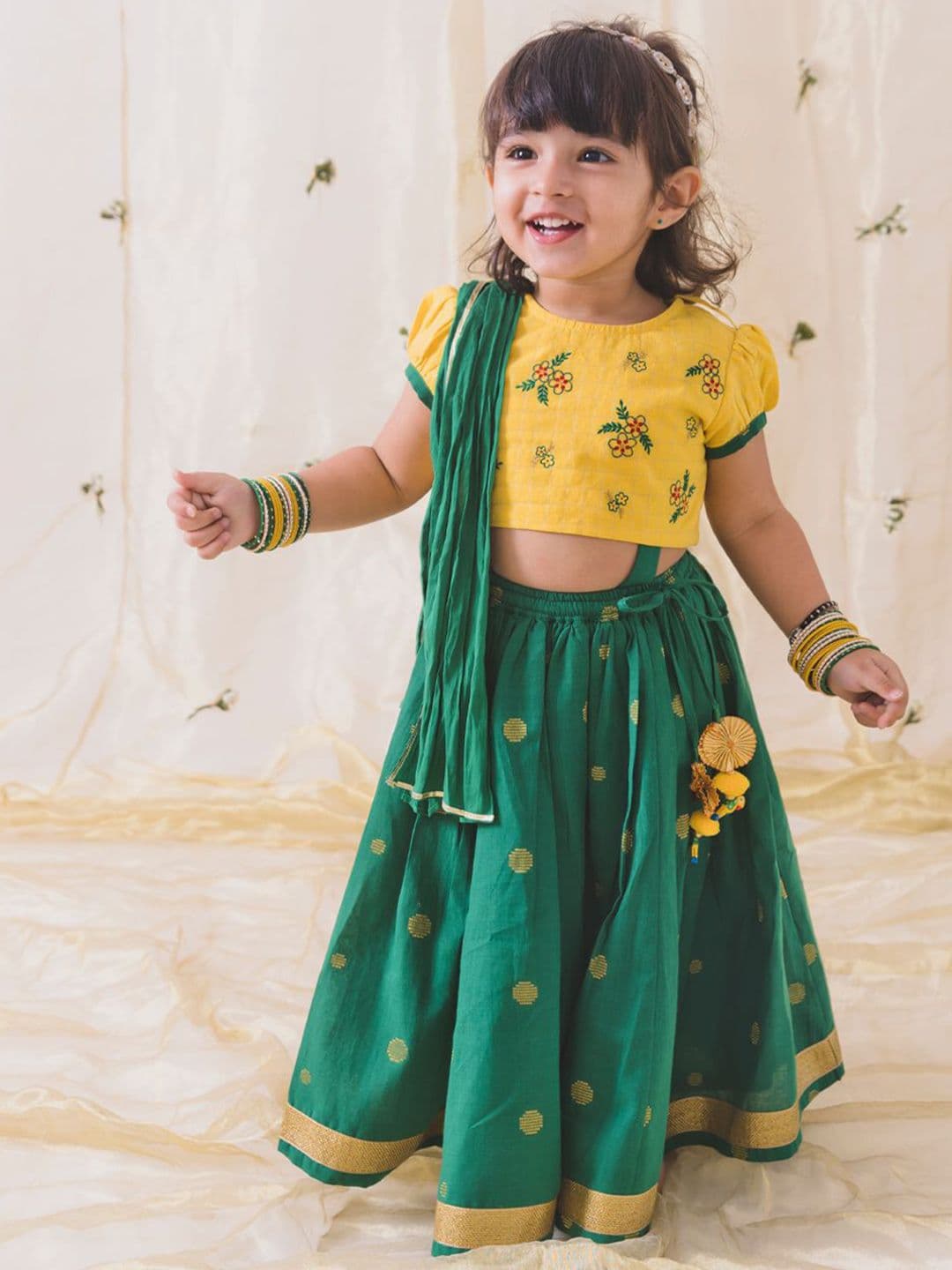 Tiber Taber Girls Green Embroidered Cotton Ready to Wear Lehenga & Blouse With Dupatta - view 1