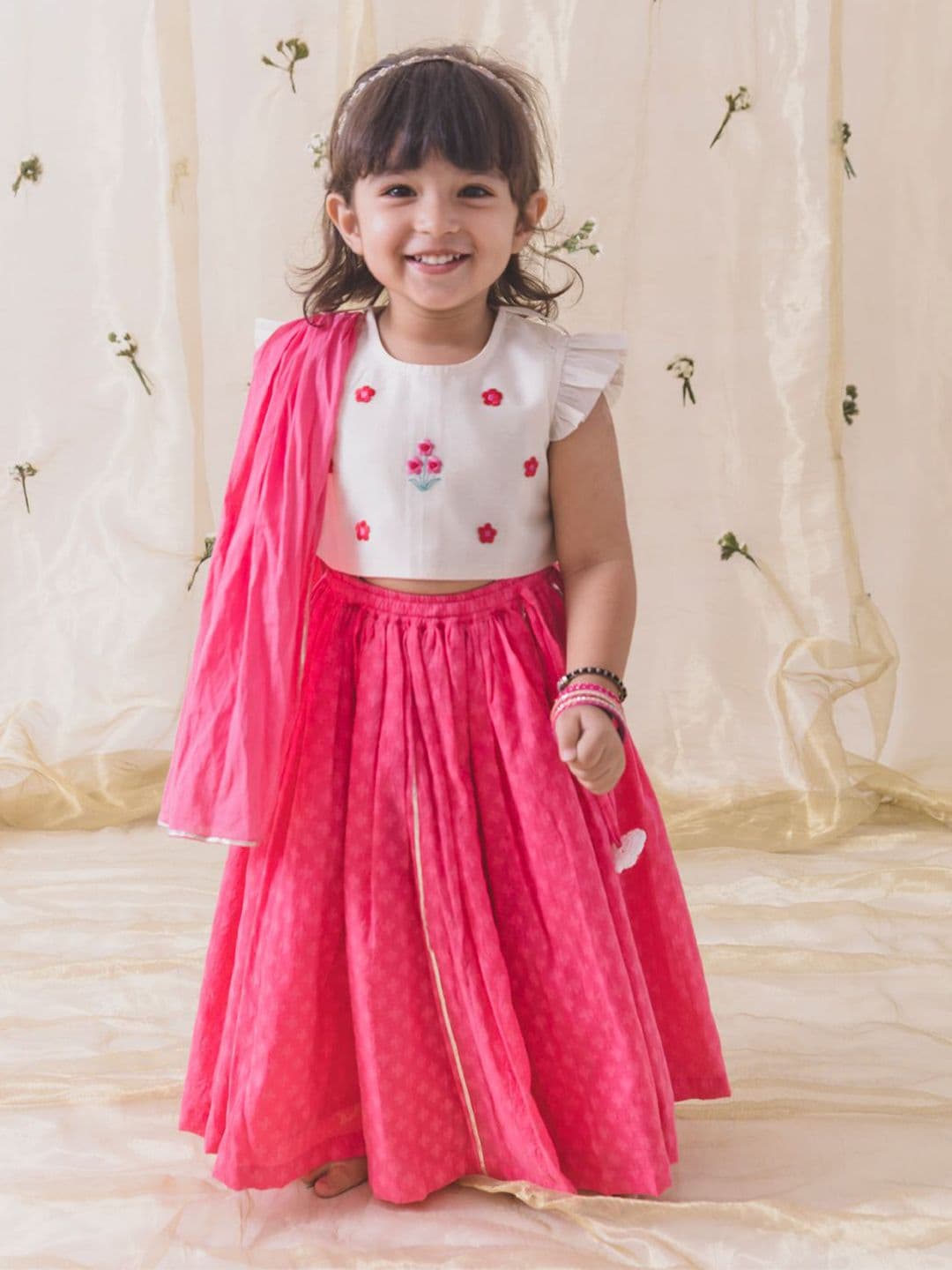 Tiber Taber Girls Pink Embroidered Cotton Ready to Wear Lehenga & Blouse With Dupatta - view 1