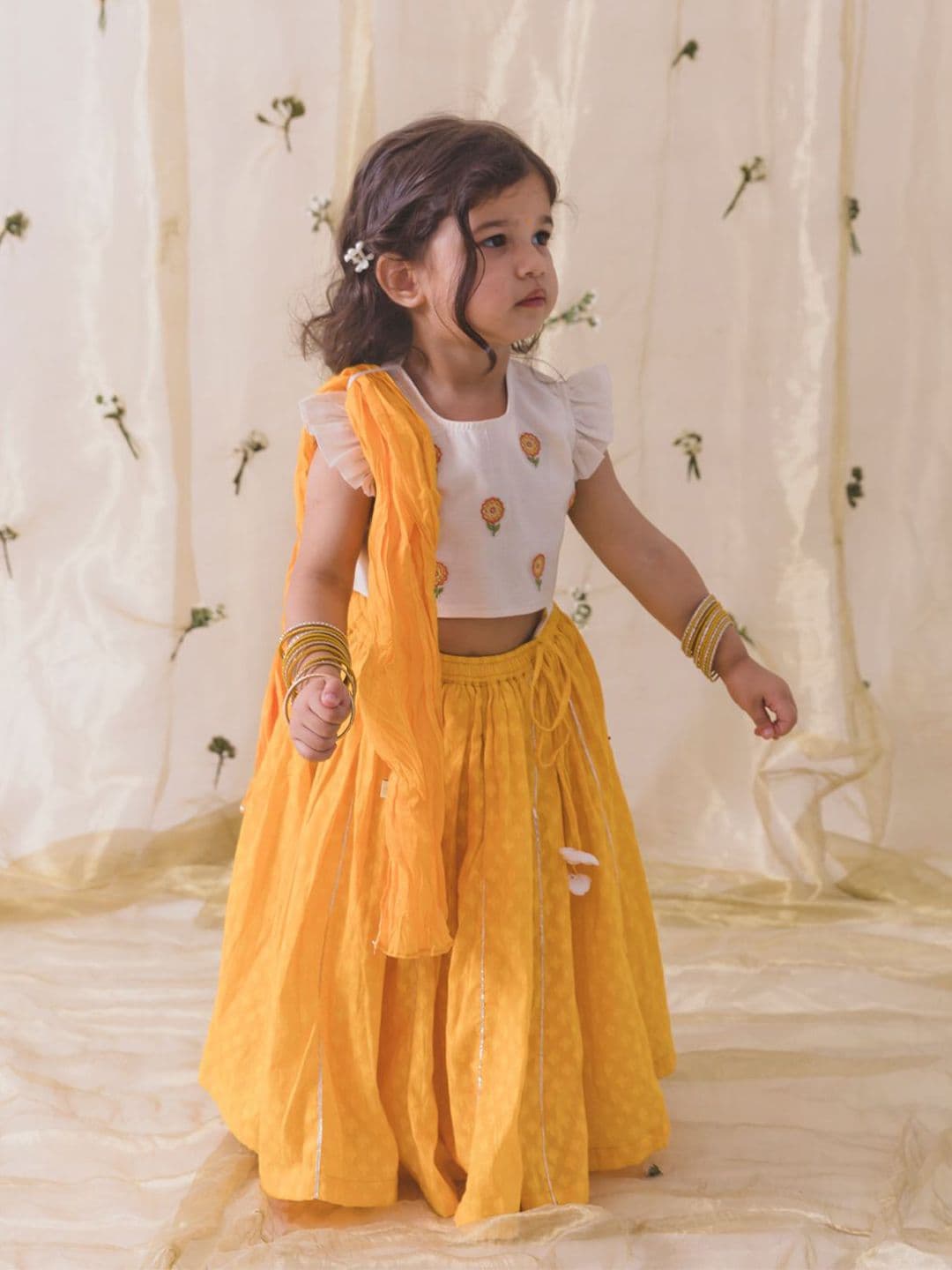 Tiber Taber Girls Yellow Embroidered Cotton Ready To Wear Lehenga & Blouse With Dupatta - view 1