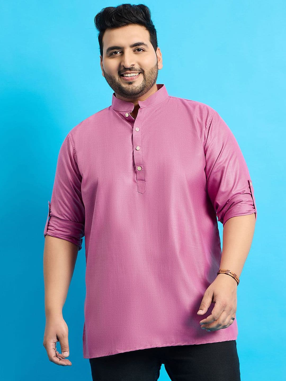 bigbanana Plus Size Solid Pink Mandarin Collar Thread Work Straight Short Kurta - view 1
