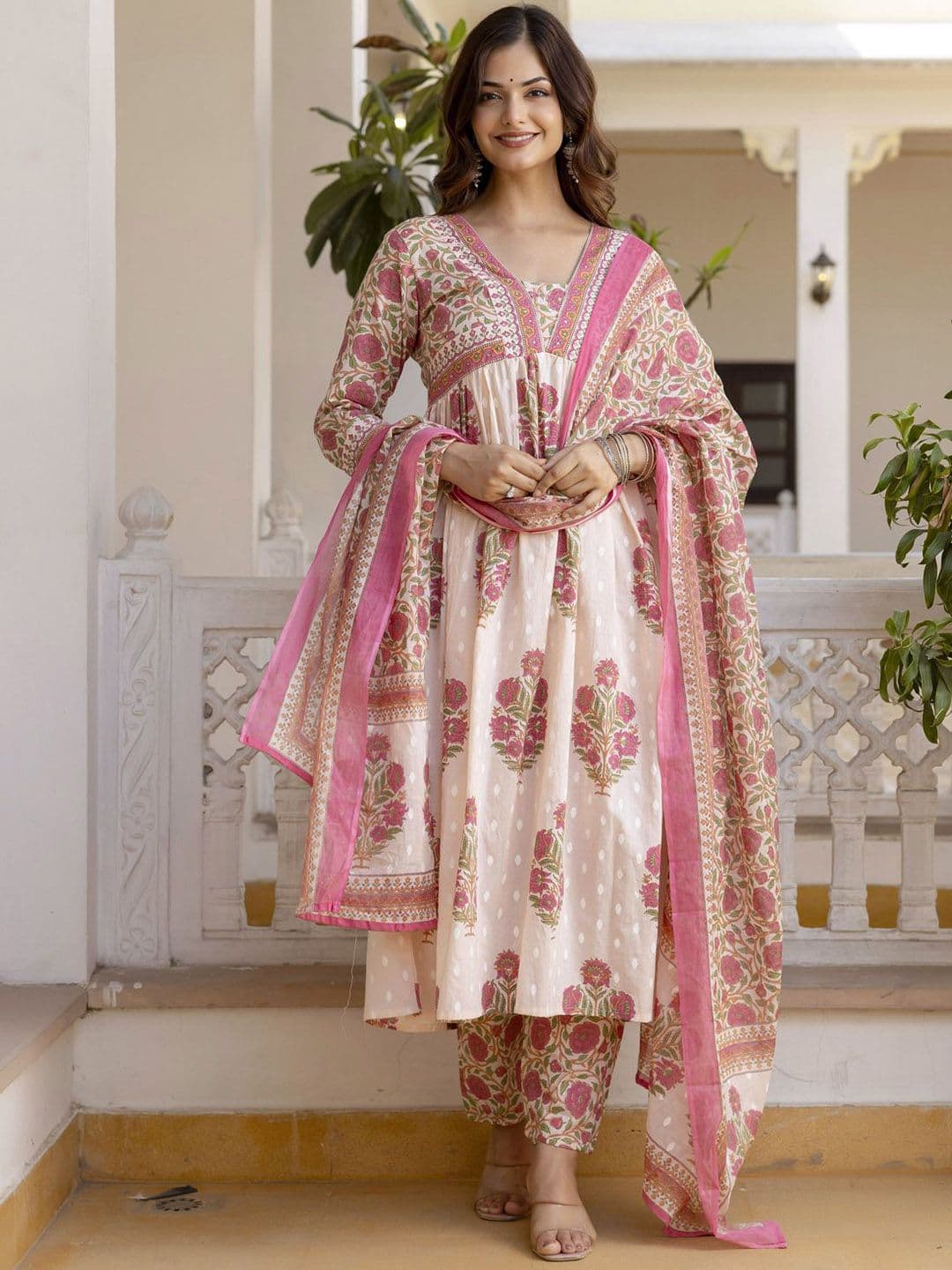 KALINI Floral Printed Regular Pure Cotton Kurta with Trousers & Dupatta - view 1