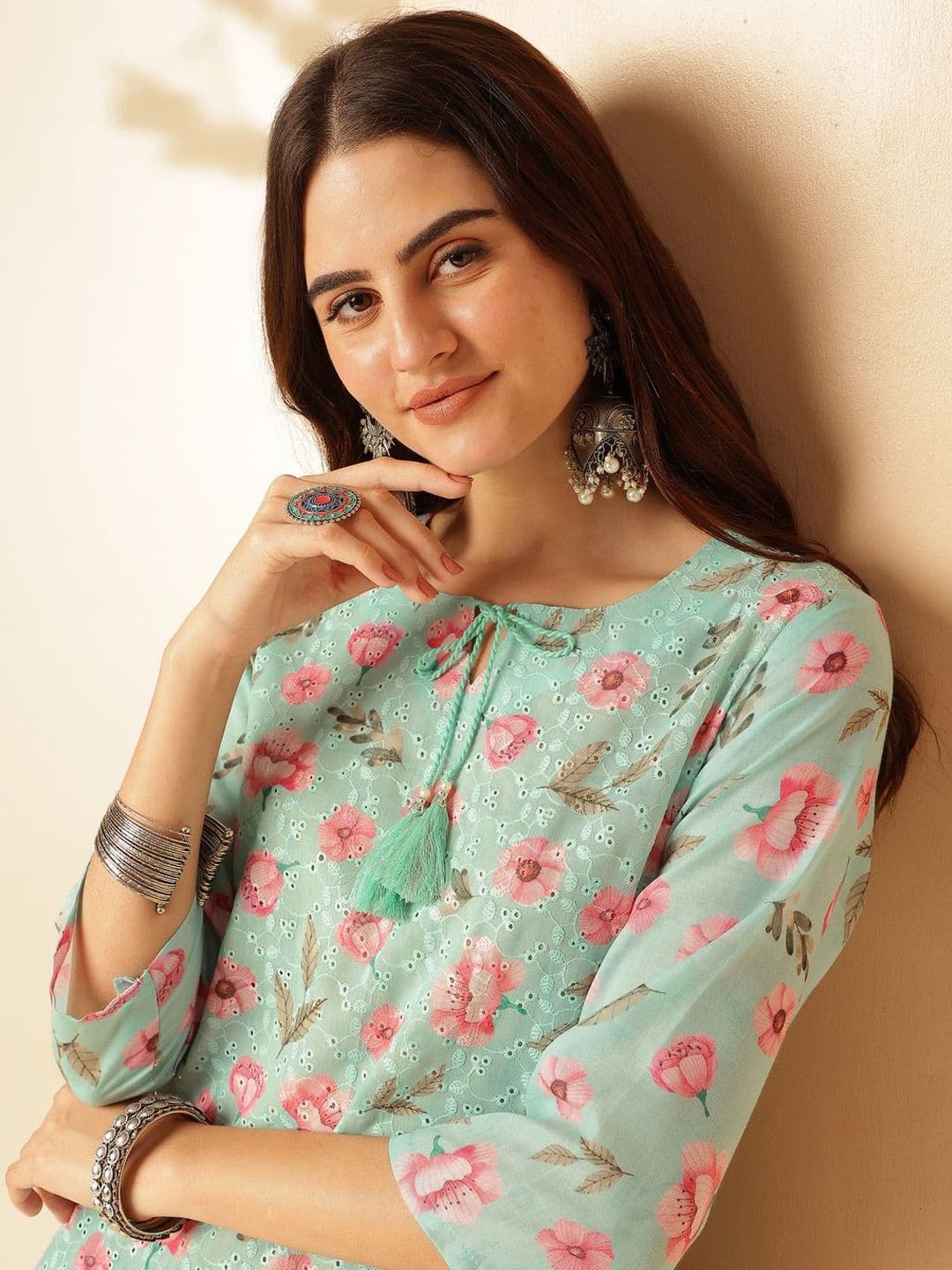 Anouk X fwd Sea Green Floral Printed Tie-Up Neck Thread Work Pure Cotton Straight Kurta - view 1