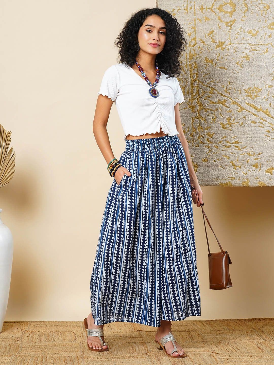 Globus Geometric Border Printed Elasticated Waistband Flared Fusion Palazzos - view 1