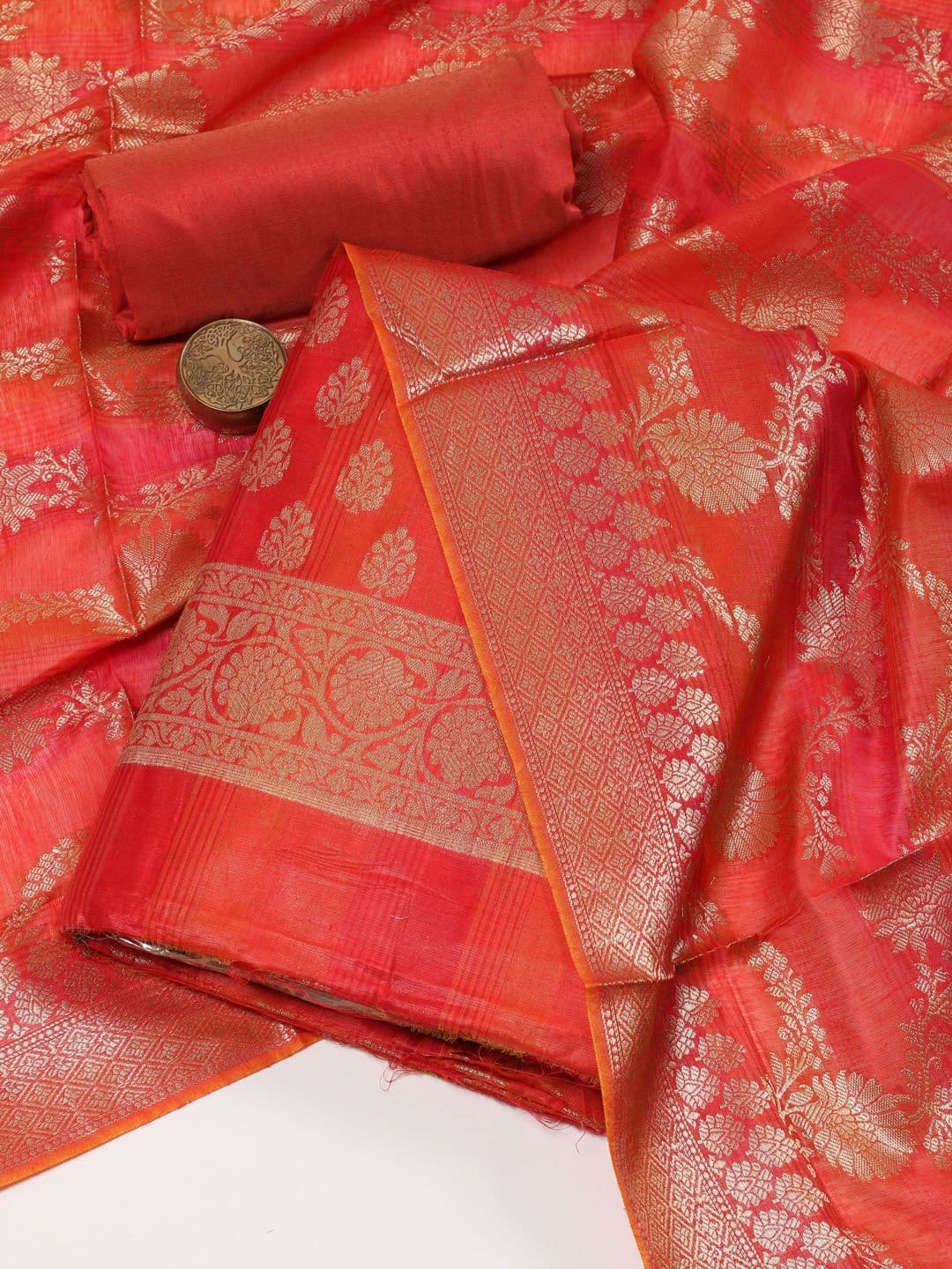 Meena Bazaar Ethnic Motifs Woven Design Zari Chanderi Unstitched Dress Material - view 1