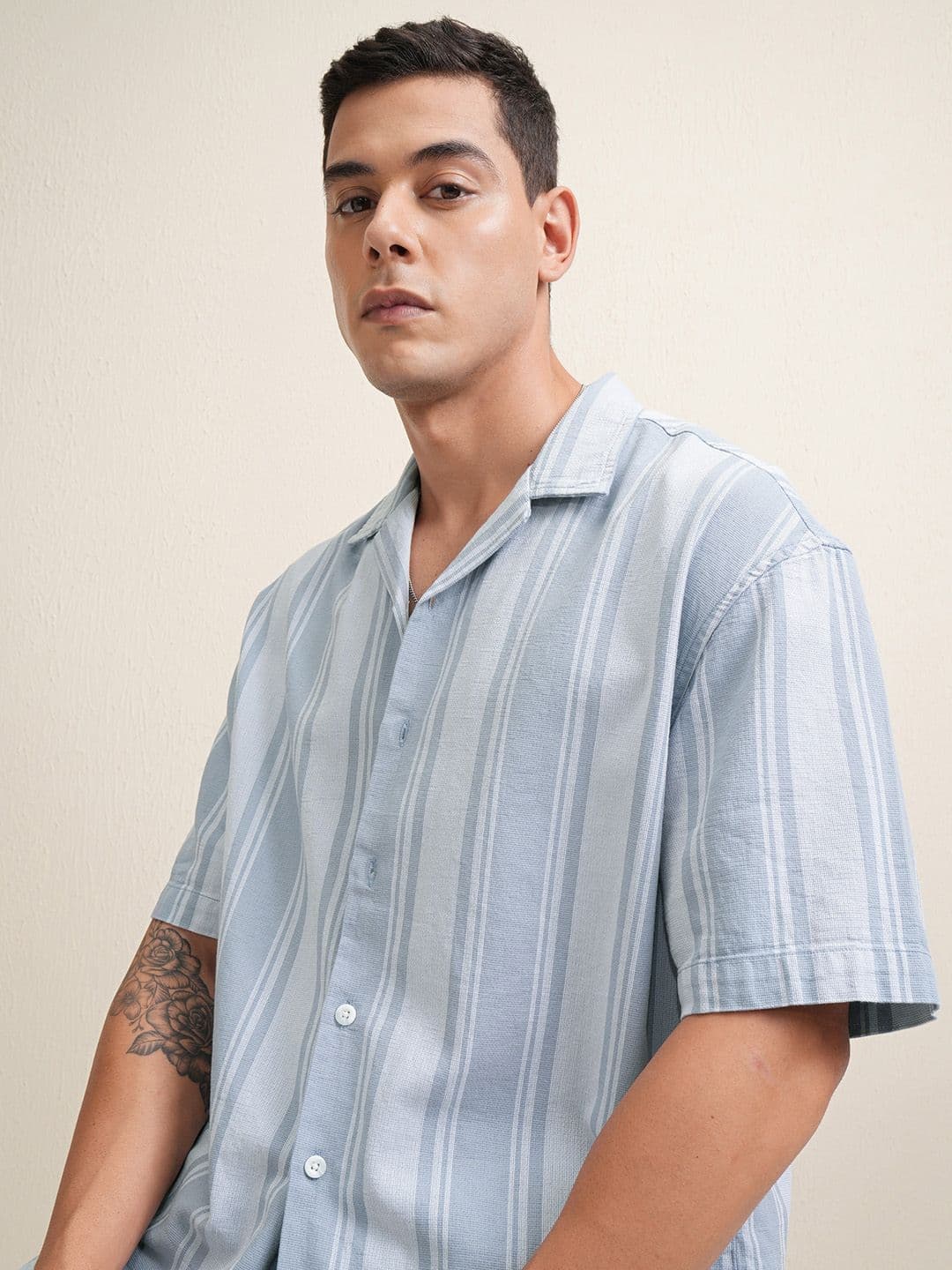 LOCOMOTIVE Premium Men Dobby Textured Cuban Collar Oversized Striped Casual Shirt - view 1