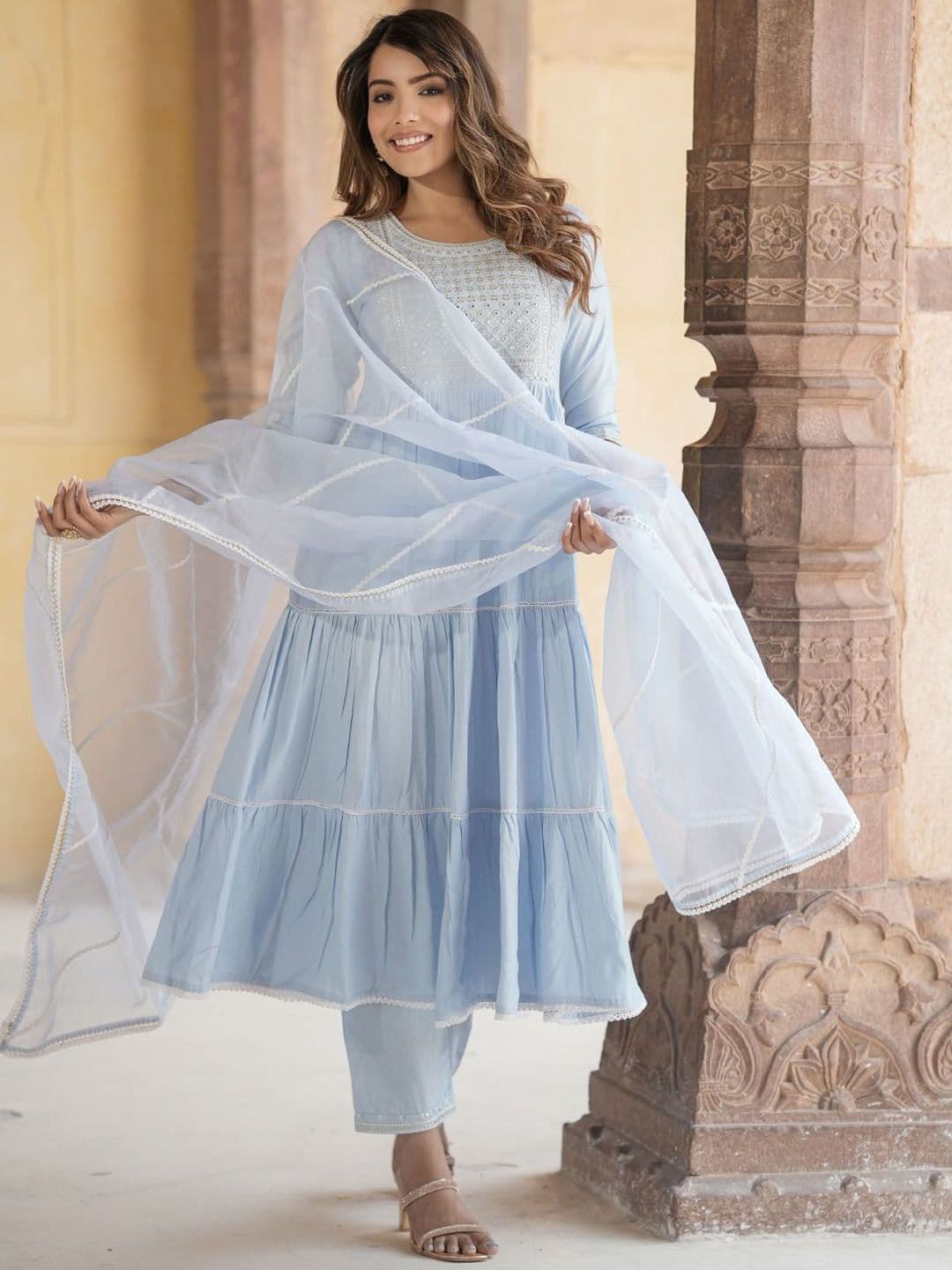 KALINI Geometric Yoke Design Mirror Work Pure Cotton Anarkali Republic Day Kurta Trousers & Dupatta - view 1