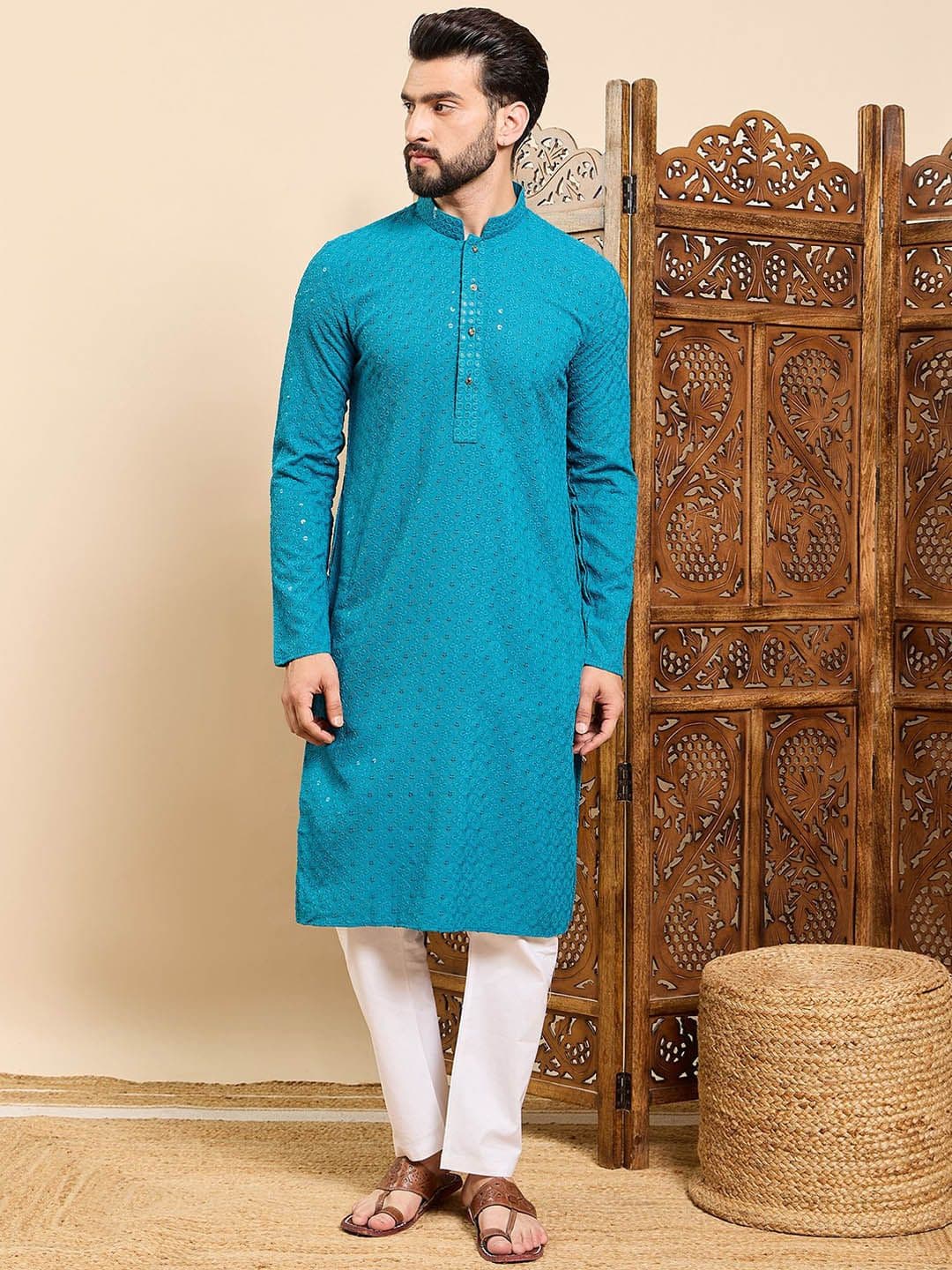 HERE&NOW Embroidered Thread Work Mandarin Collar Chikankari Kurta - view 1
