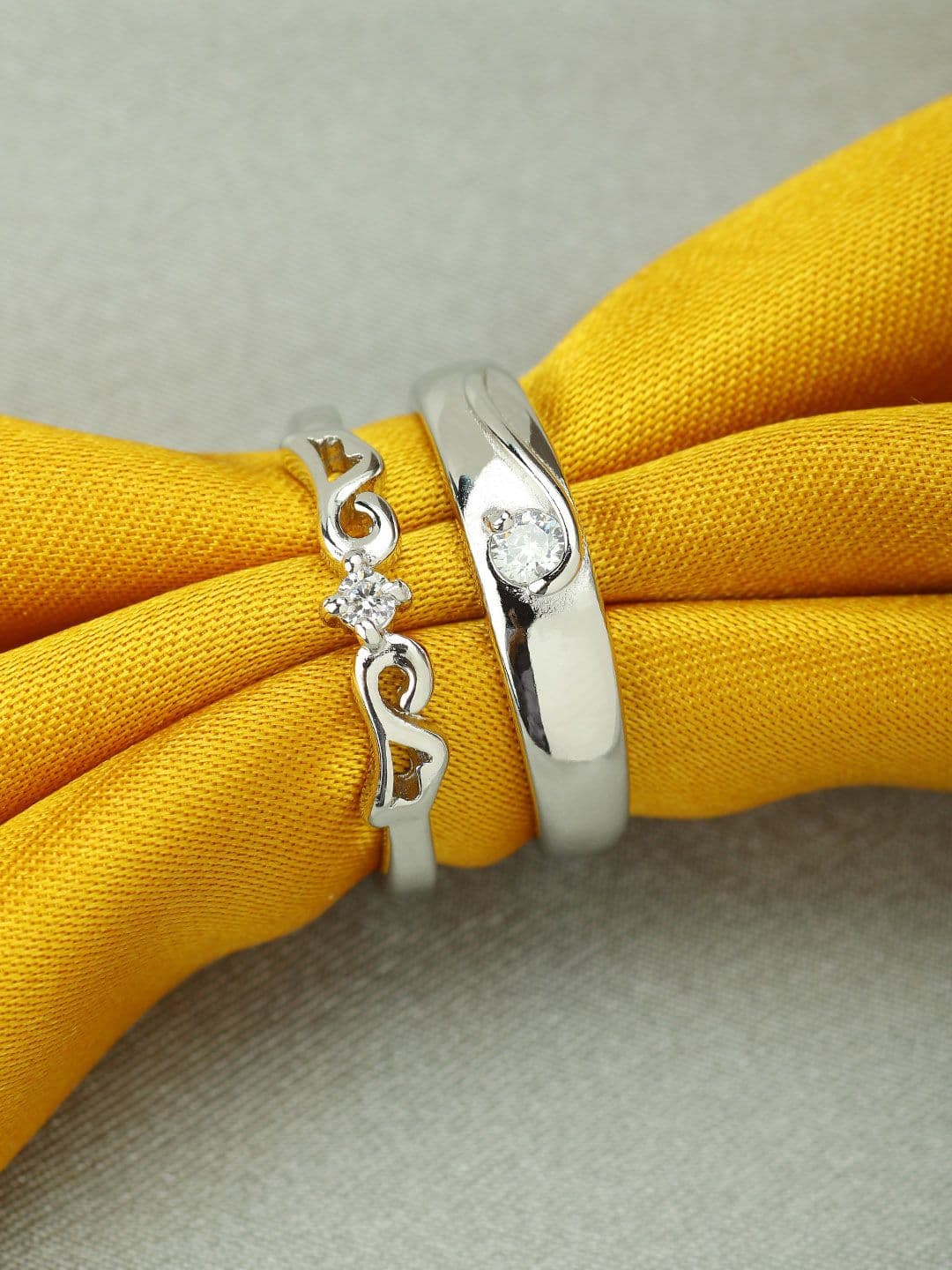 Peora Silver-Toned Rhodium-Plated Stone-Studded Couple Ring Set - view 1