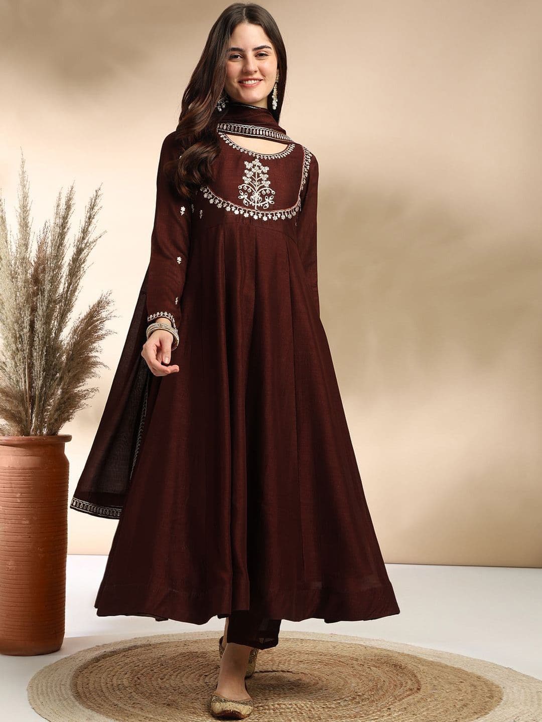 MOKOSH Women Silk Embroidered Anarkali Kurta And Pant With Dupatta Set - view 1