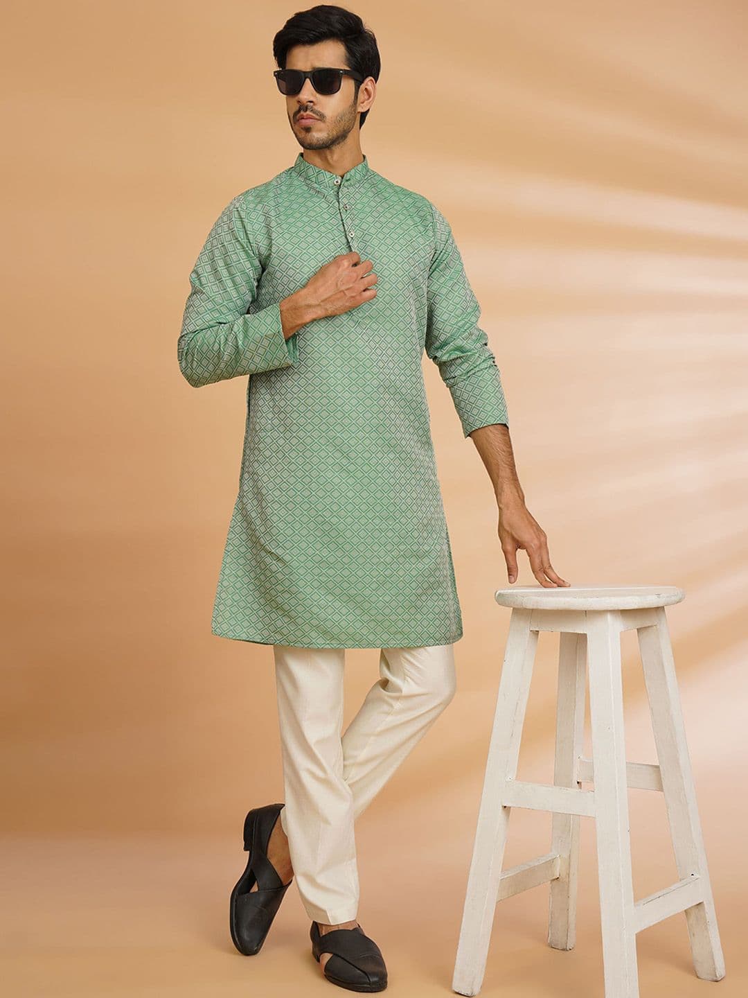 Shiv Leela Geometric Woven Design Mandarin Collar Jacquard Cotton Straight Kurta - view 1