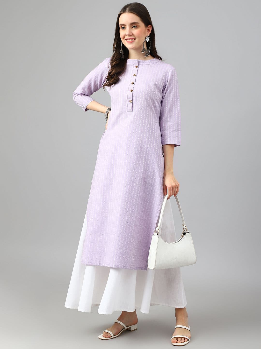 KALINI Striped Thread Work Cotton Straight Kurta - view 1