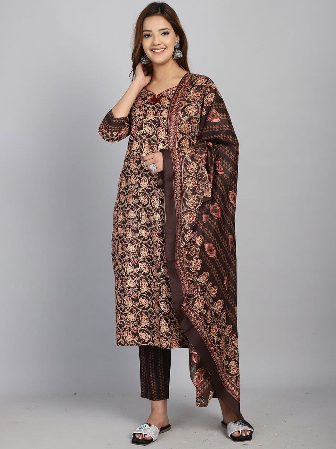 KALINI Floral Printed Regular Straight Kurta With Trousers & Dupatta - view 1