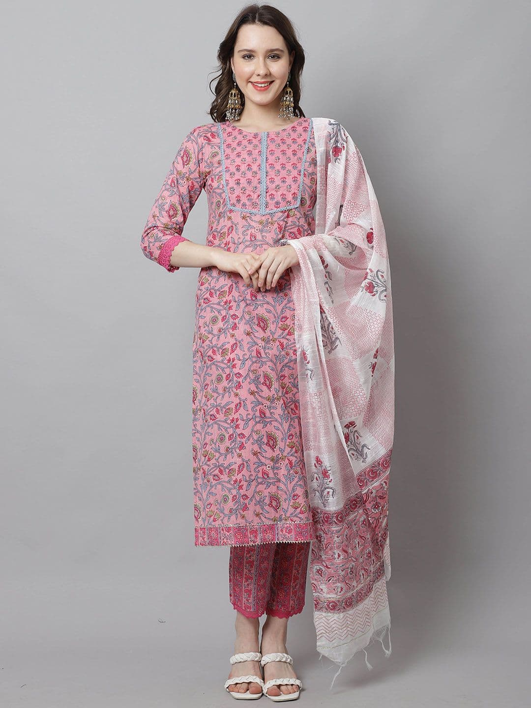 KALINI Floral Printed Round Neck Pure Cotton Straight Kurta With Trousers & Dupatta - view 1