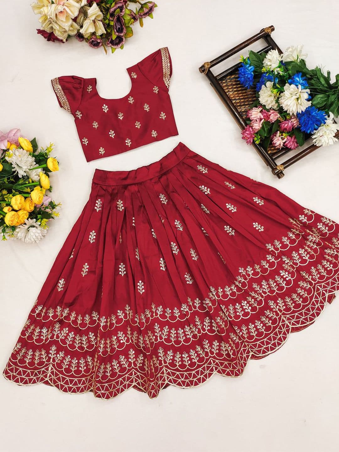 BAESD Girls Embroidered Sequinned Foil Print Ready to Wear Lehenga Set - view 1