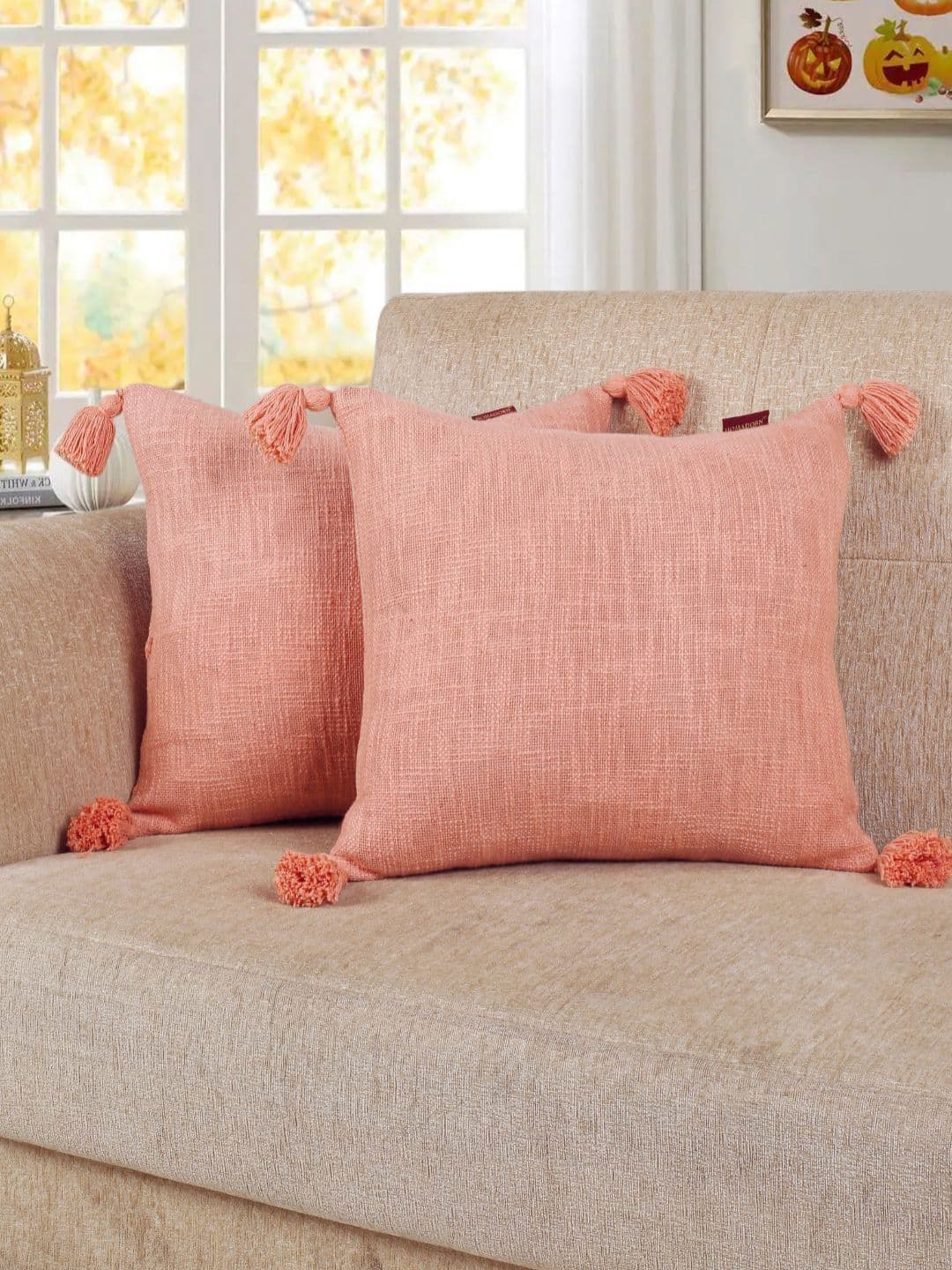 HOMADORN Peach Polyester Silk Washable 2 Piece Textured Square Cushion Covers -16x16In - view 1