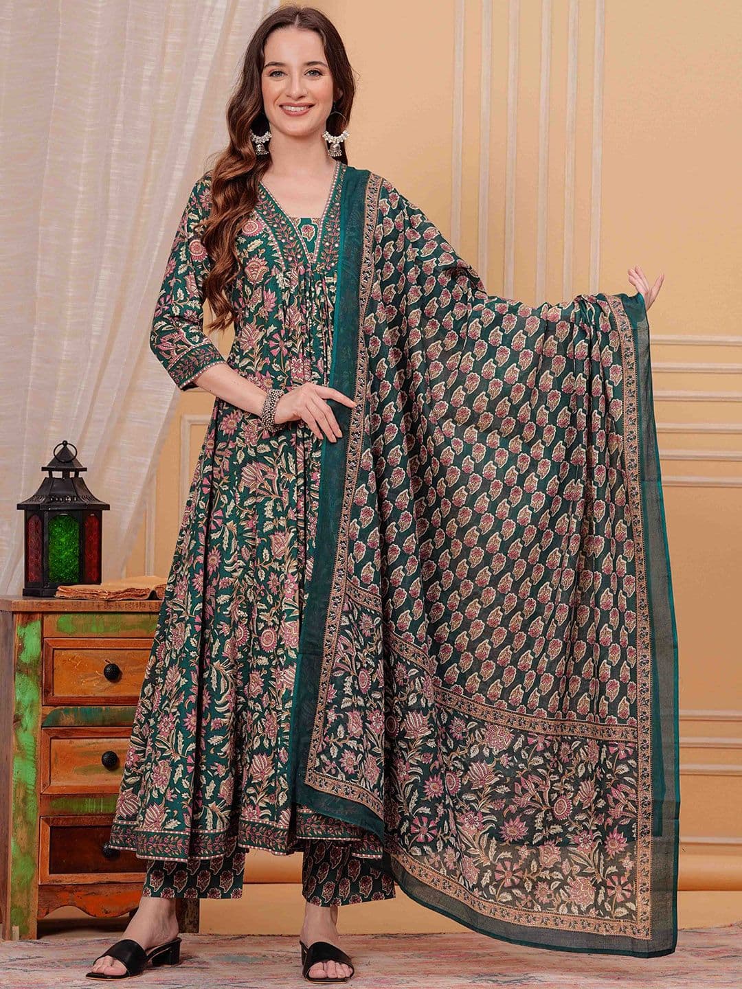 Mizaz Floral Printed Mirror Work Pure Cotton Anarkali Kurta With Trousers & Dupatta - view 1