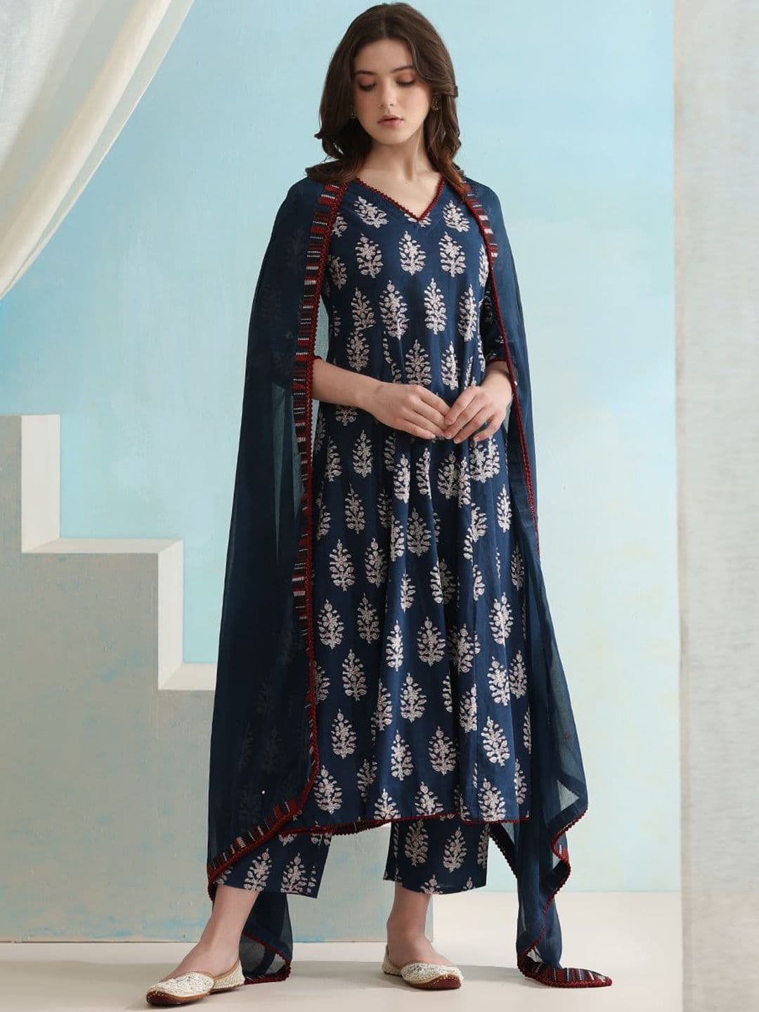 Khushal K Ethnic Motifs Printed V-Neck Pure Cotton A-Line Kurta with Palazzos & Dupatta - view 1
