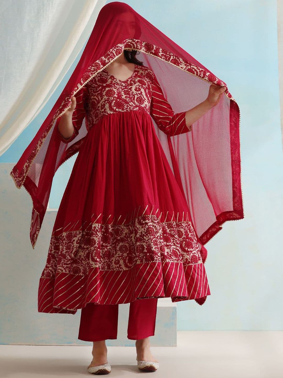 Khushal K Floral Printed V-Neck Anarkali Kurta with Palazzos & Dupatta - view 1