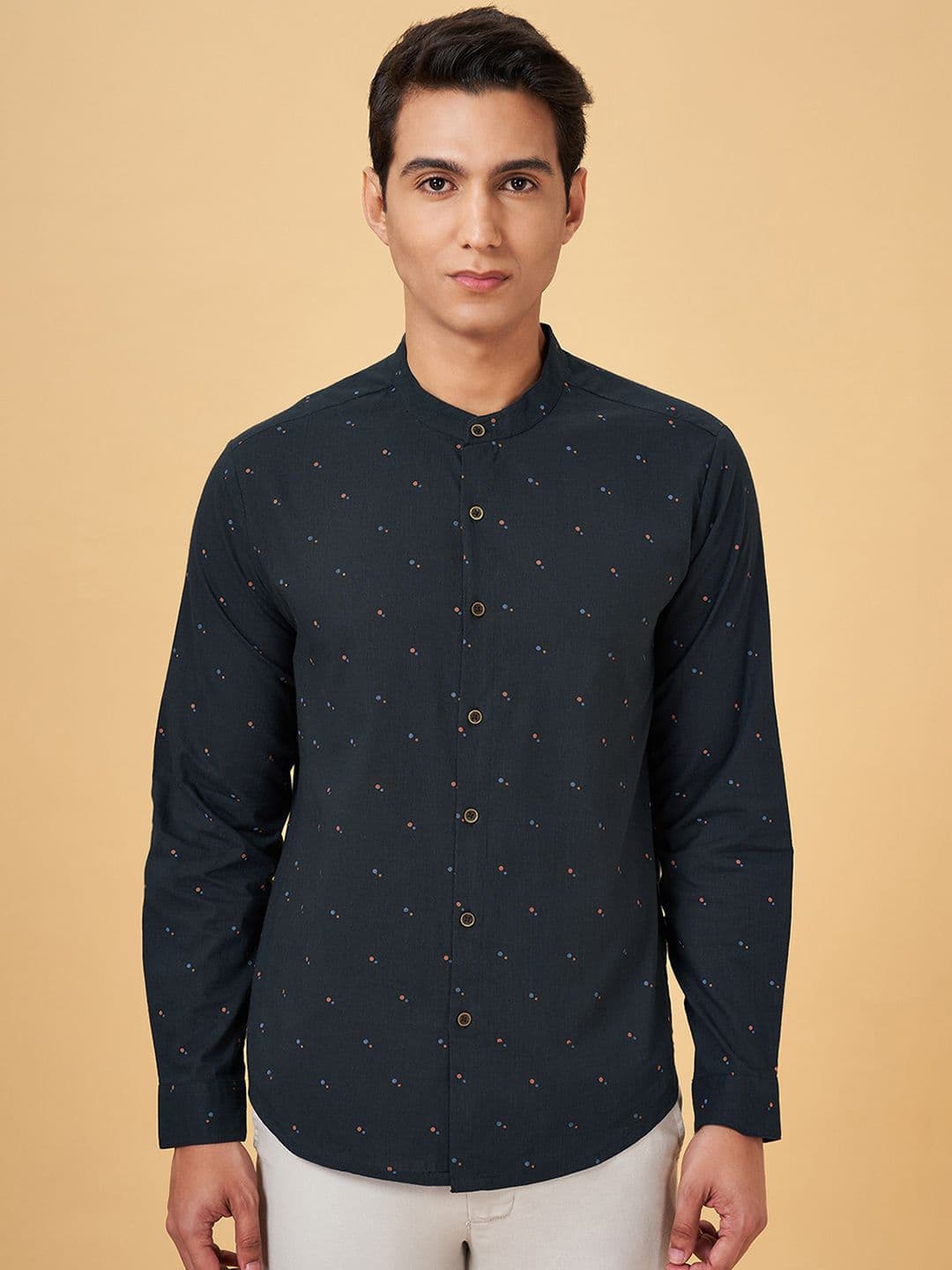indus route by Pantaloons Geometric Printed Band Collar Straight Cotton Kurta - view 1