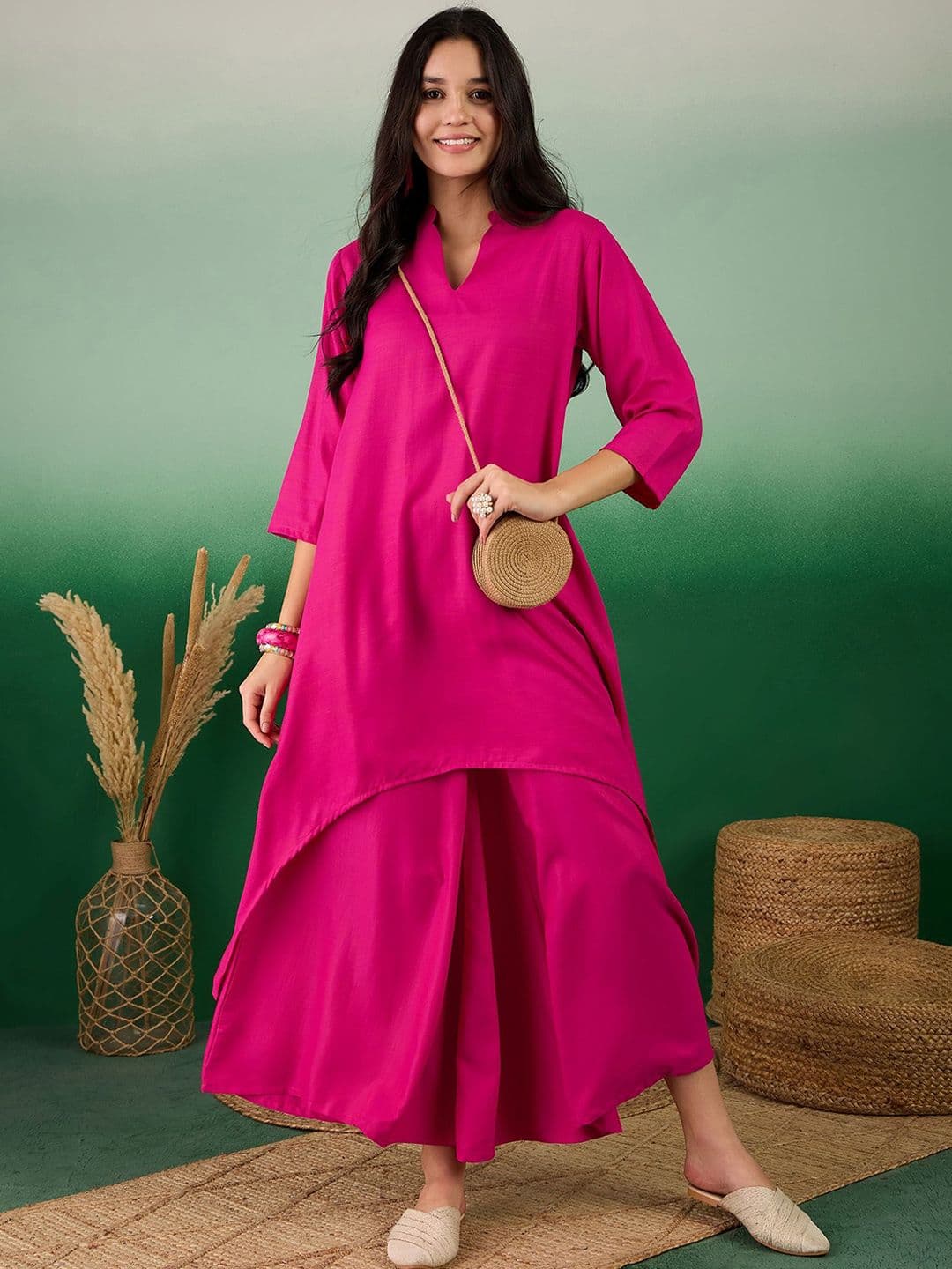 Sangria Mandarin Collar A-Line Kurta With Palazzo - view 1