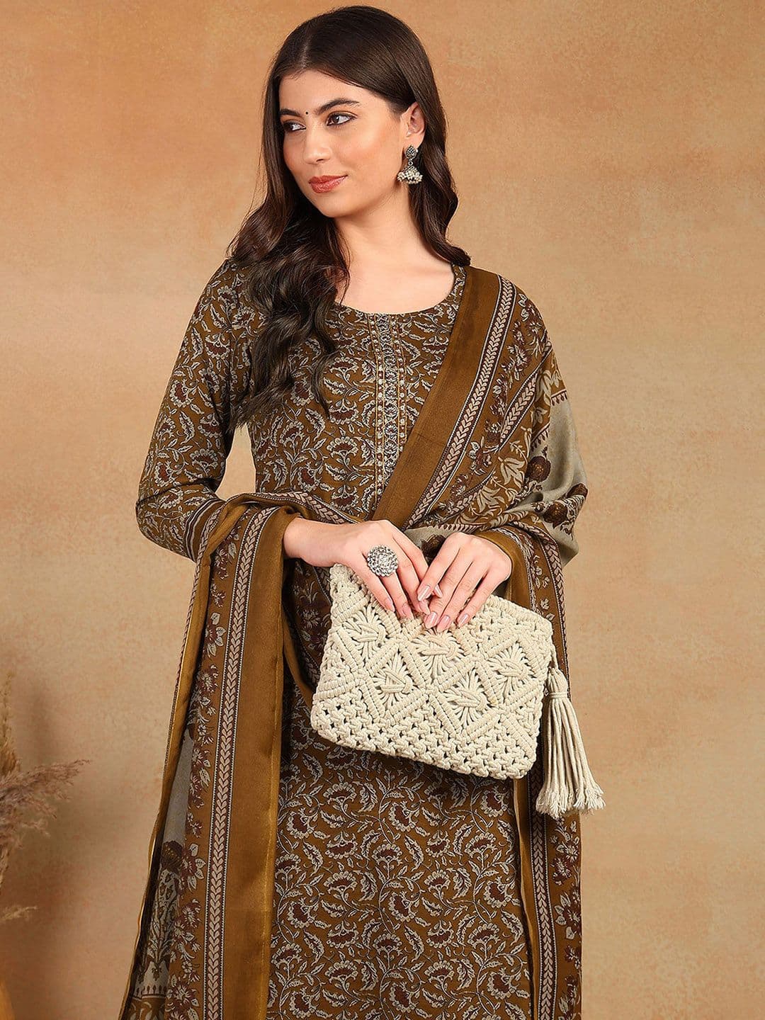 KALINI Floral Printed Thread Work Straight Kurta with Trousers & Dupatta - view 1
