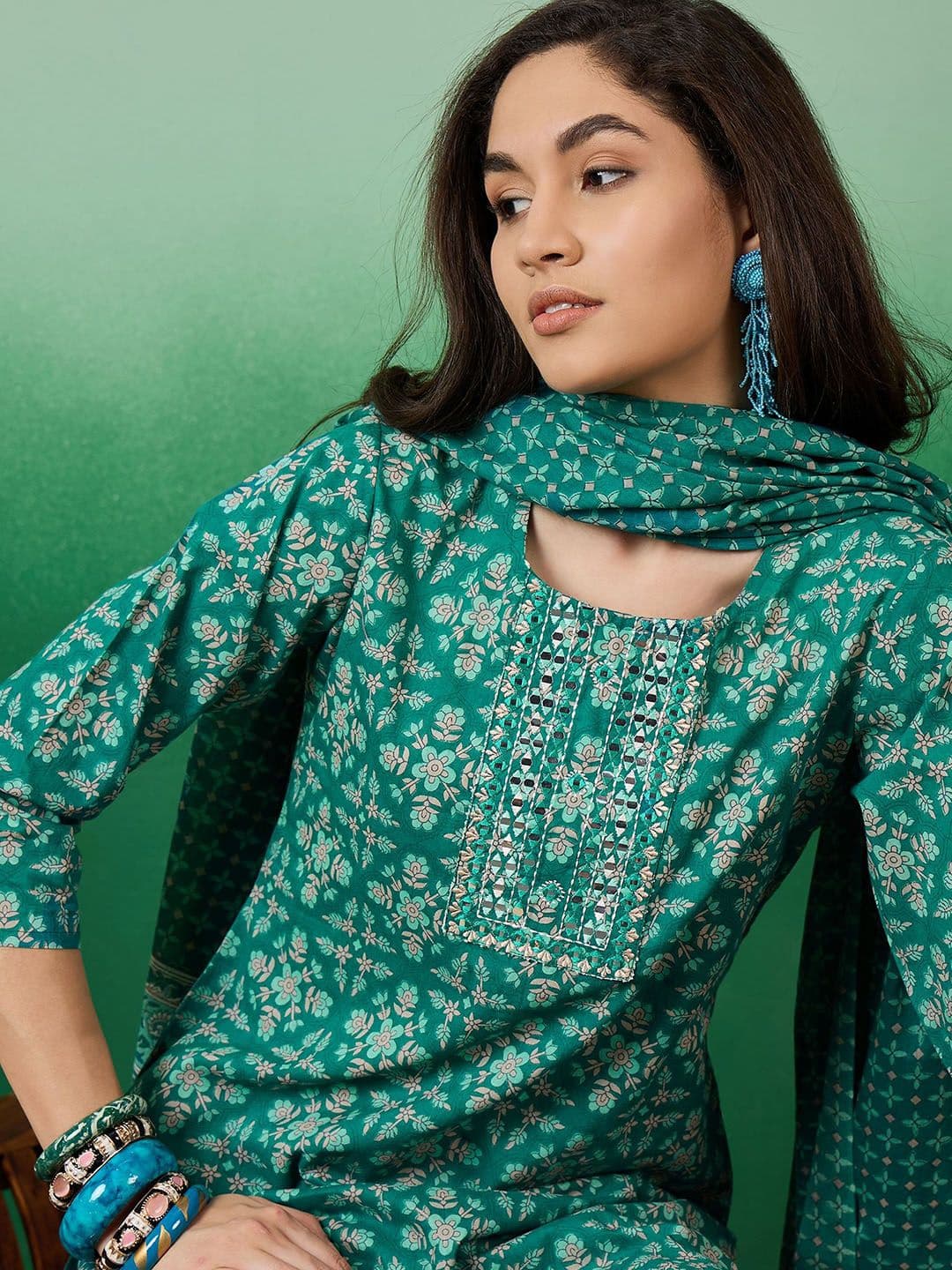 Sangria Printed Pure Cotton Straight Kurta With Trousers & Dupatta - view 1