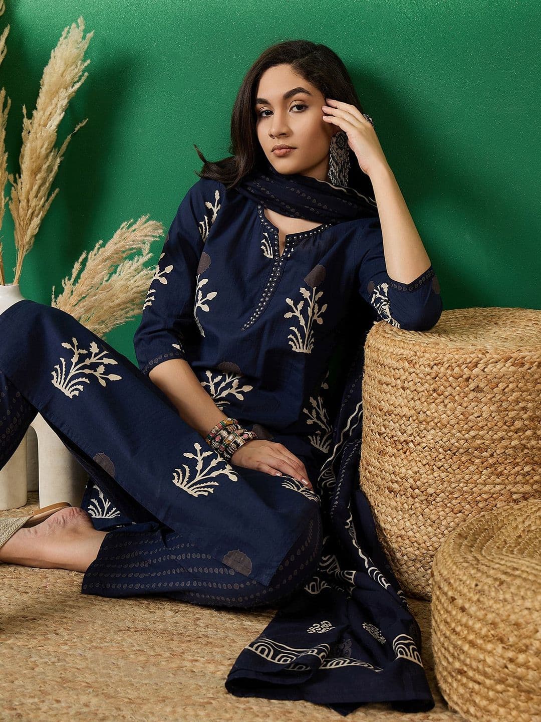Sangria Notch Neck Printed Pure Cotton Kurta With Trousers & Dupatta - view 1