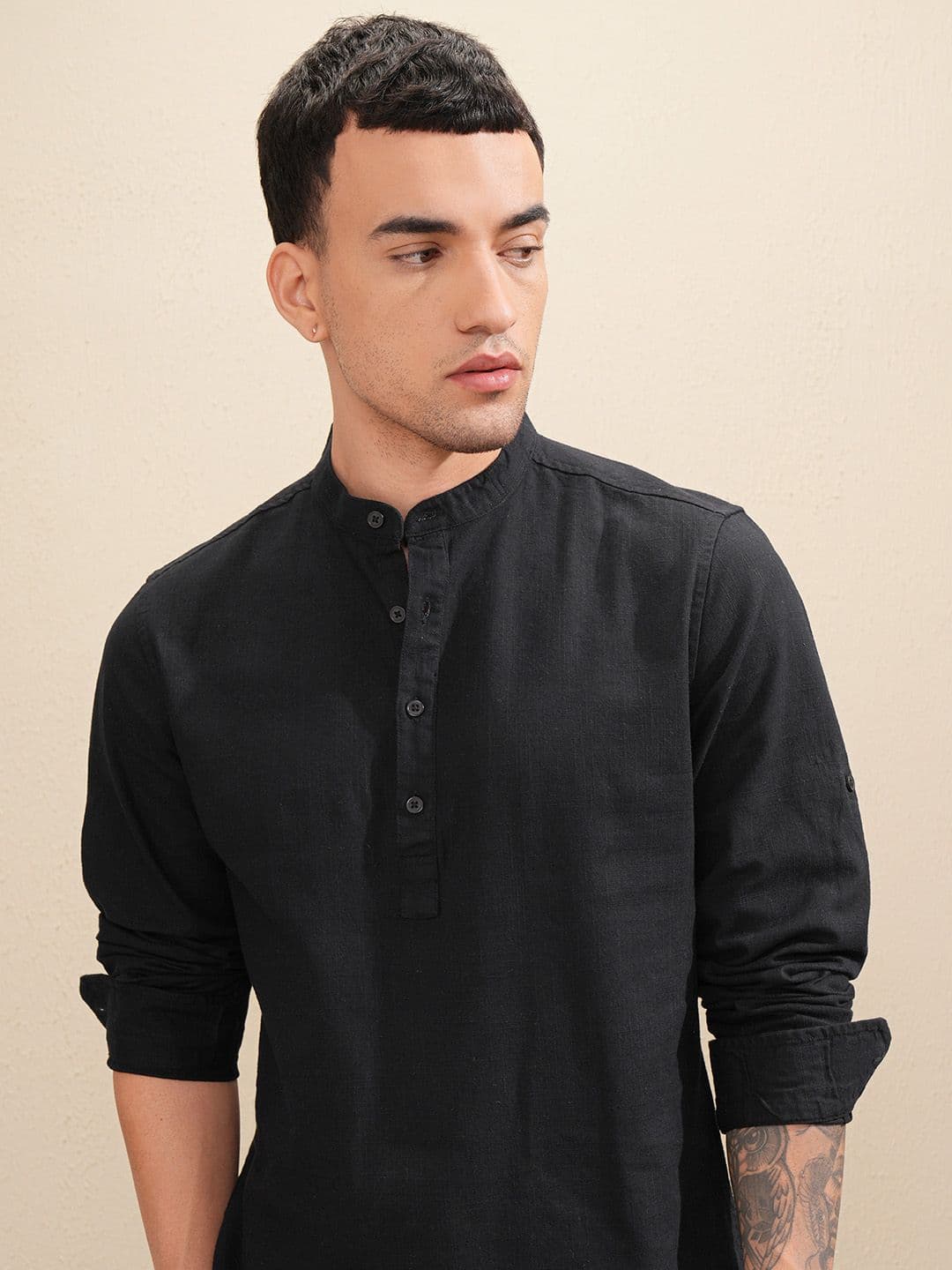 HIGHLANDER Men Solid Mandarin Collar Half Placket Roll-Up Sleeve Casual Shirt - view 1