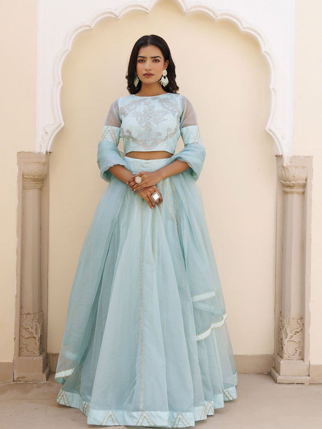 Ragavi Embroidered Boat Neck Organza Ready to Wear Lehenga & Blouse With Dupatta - view 1