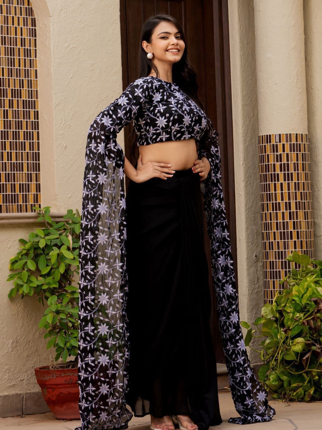 HOUSE OF JAMOTI Black Embroidered Thread Work Ready to Wear Lehenga - view 1