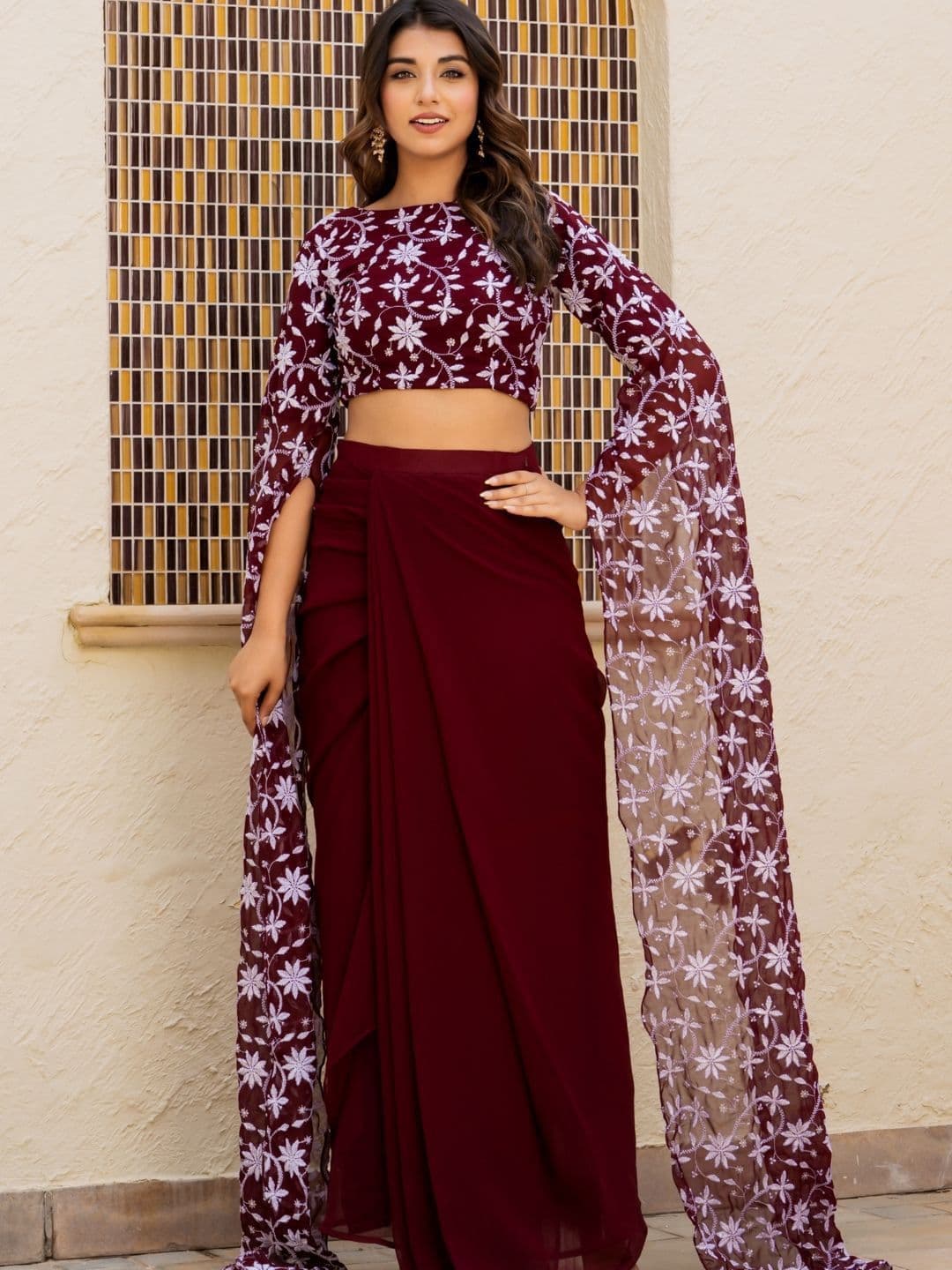 HOUSE OF JAMOTI Maroon Embroidered Thread Work Ready to Wear Lehenga & Choli - view 1