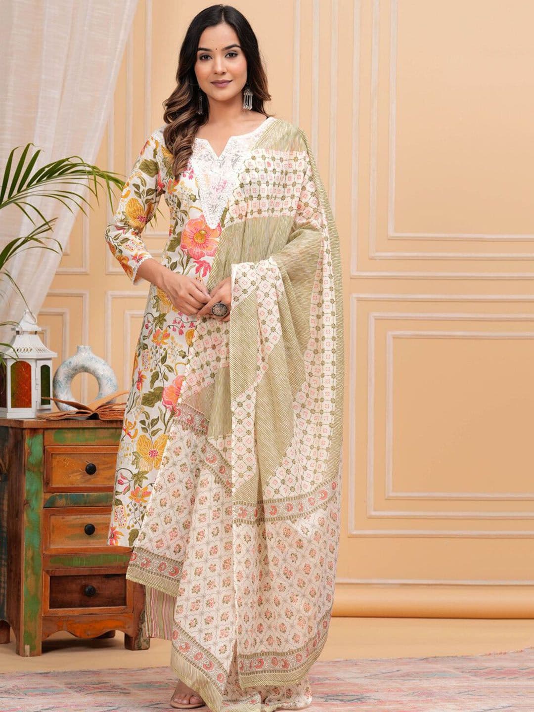 TOULIN Floral Printed Regular Pure Cotton Straight Kurta with Palazzos & With Dupatta - view 1