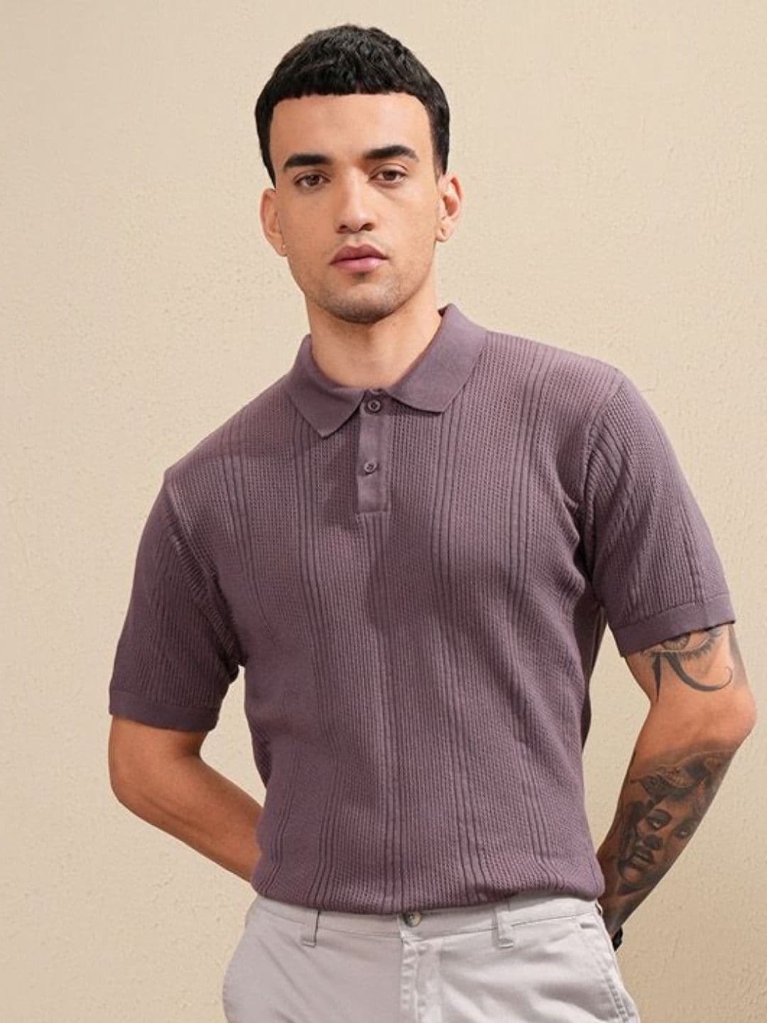 Highlander Men Knitted Textured Polo Collar T-shirt - view 1