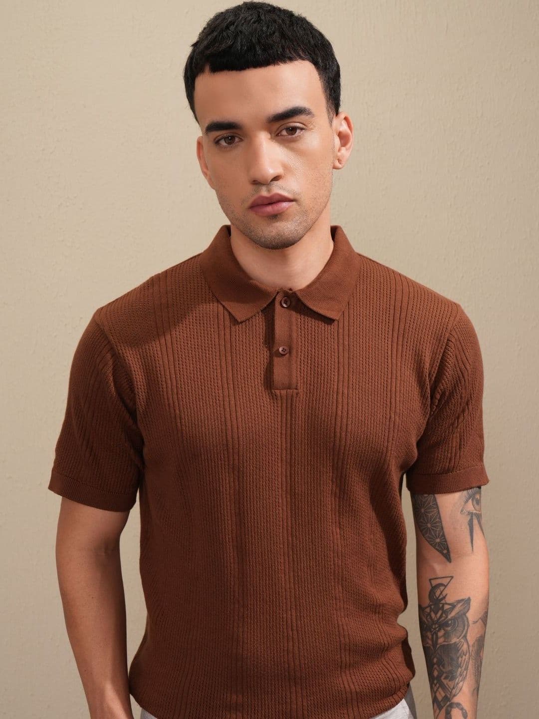 Highlander Men Knitted Textured Polo Collar Relaxed Fit T-shirt - view 1