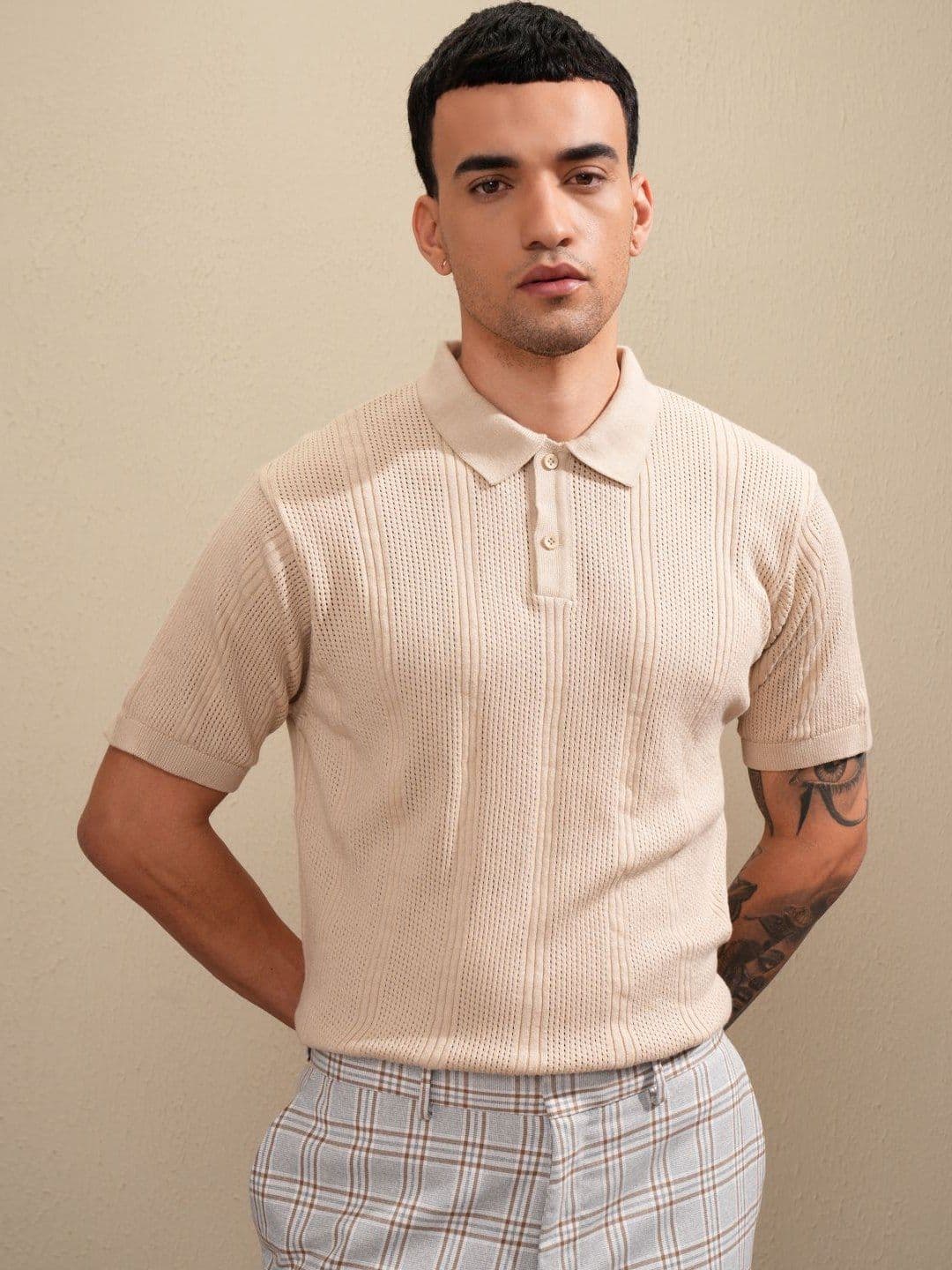 HIGHLANDER Men Knitted Textured Polo Collar T-shirt - view 1